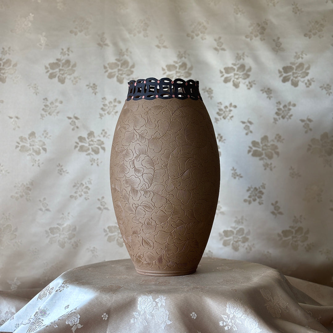 Unglazed Ceramic Vase: Buncheong Clay Body with Plum Blossom Branch and Openwork Rim