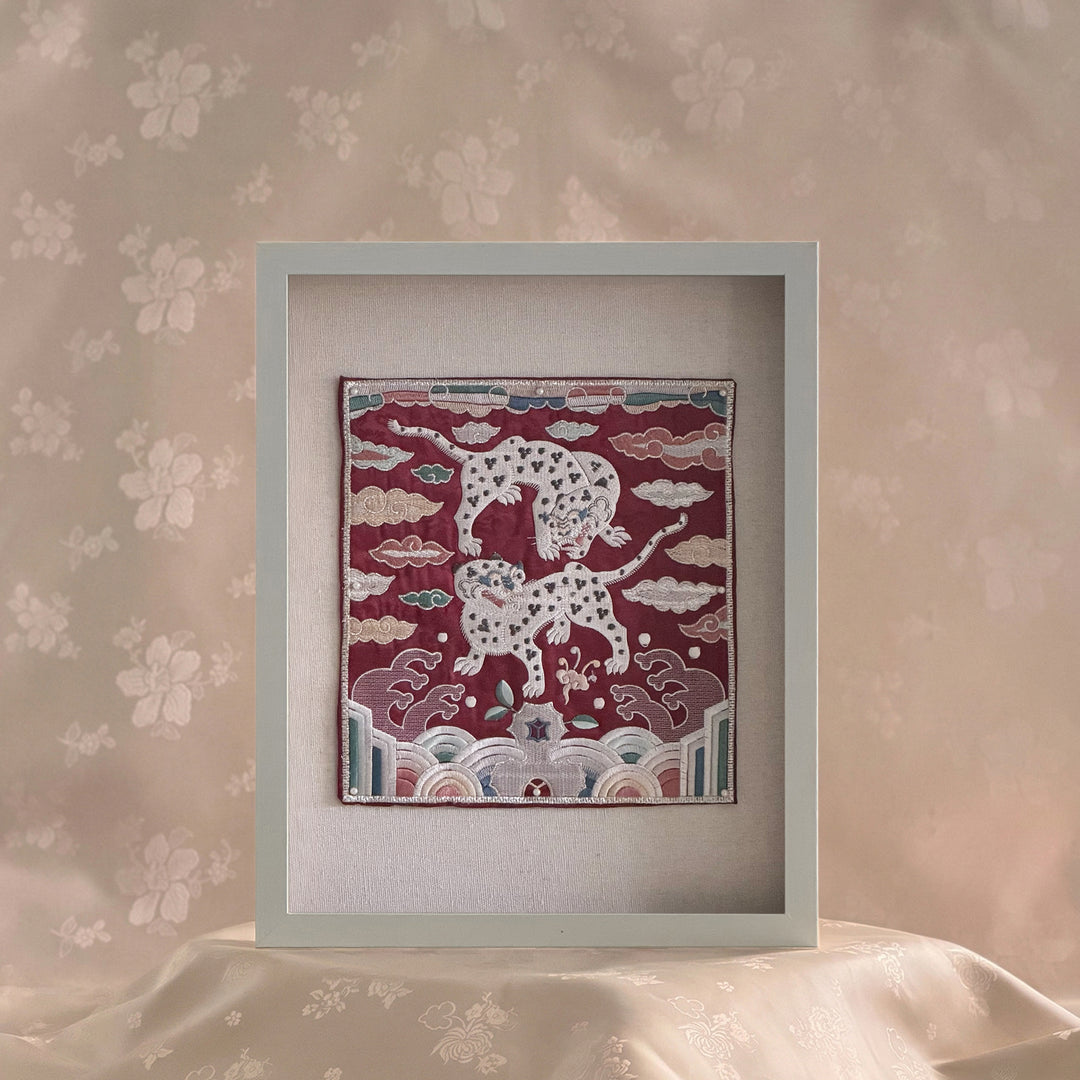 Embroidered Art Panel: Tiger Pair Motif on Red Ground
