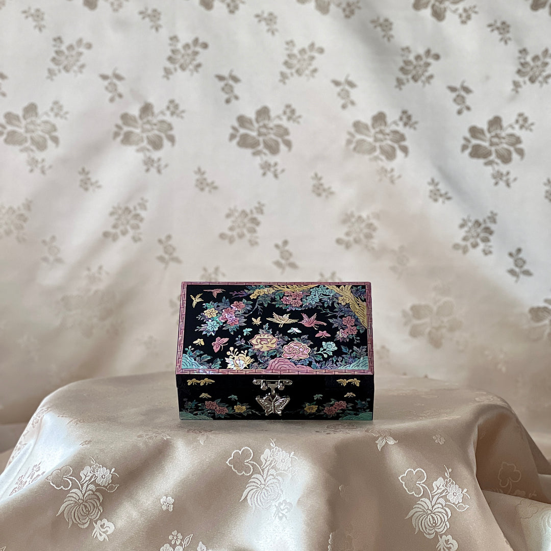 Mother-of-Pearl Jewelry Box: Plum Blossom and Bird Floral Motif on Black Ground
