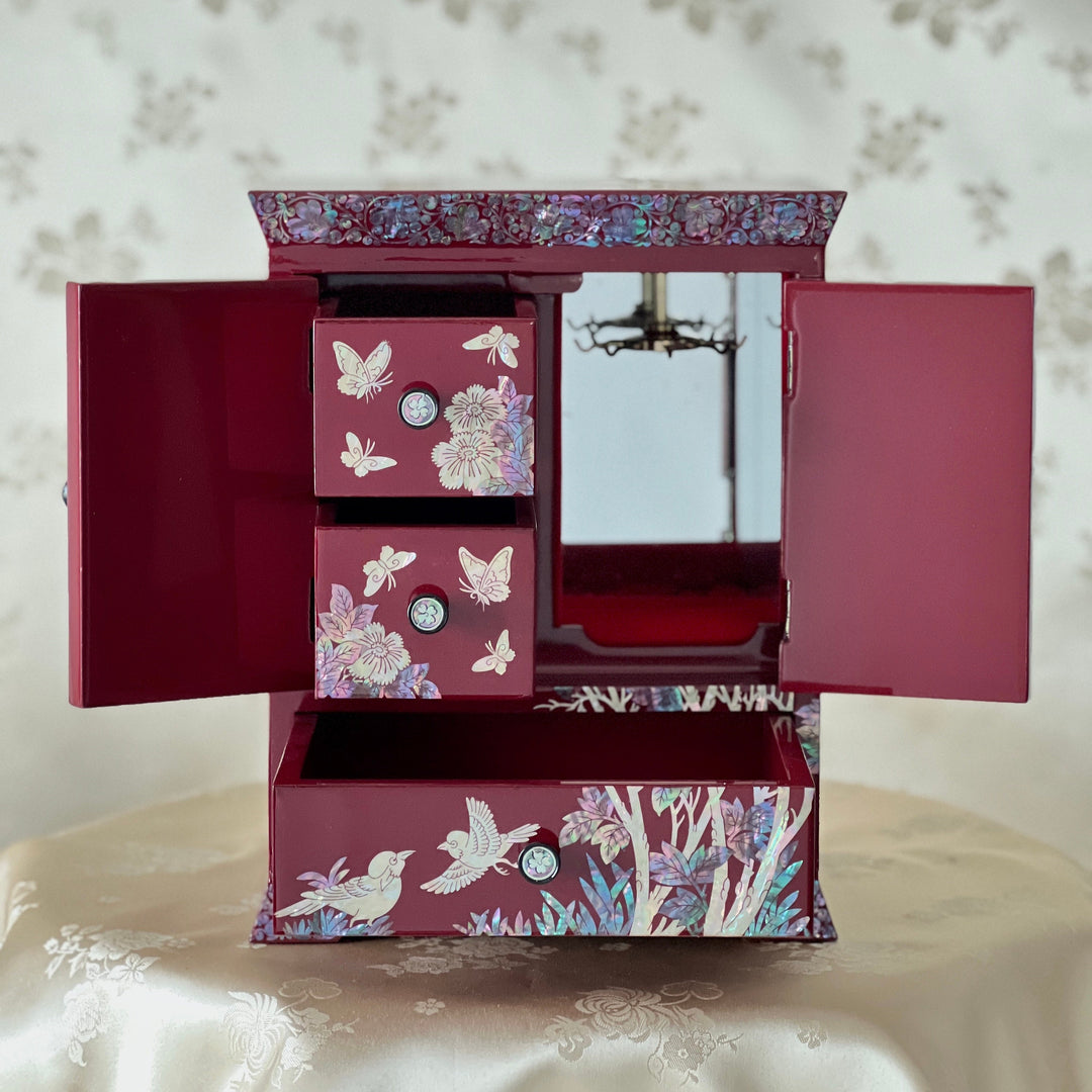 Mother-of-Pearl Double-Doored Jewelry Chest: Peony, Butterfly and Bird Motif on Wine Ground