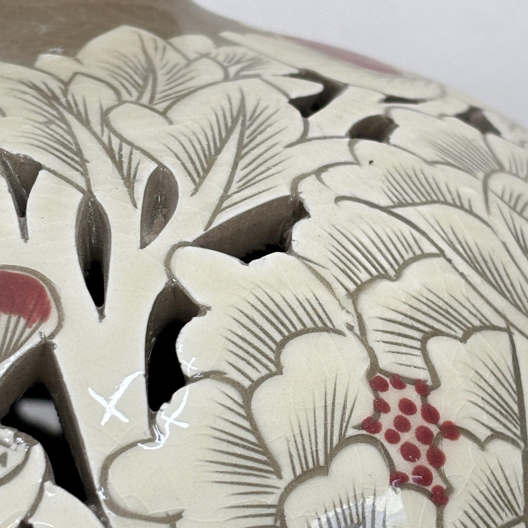 Grand-Scale Buncheong Openwork Vase Set: White Slip with Carved Peony Motif,