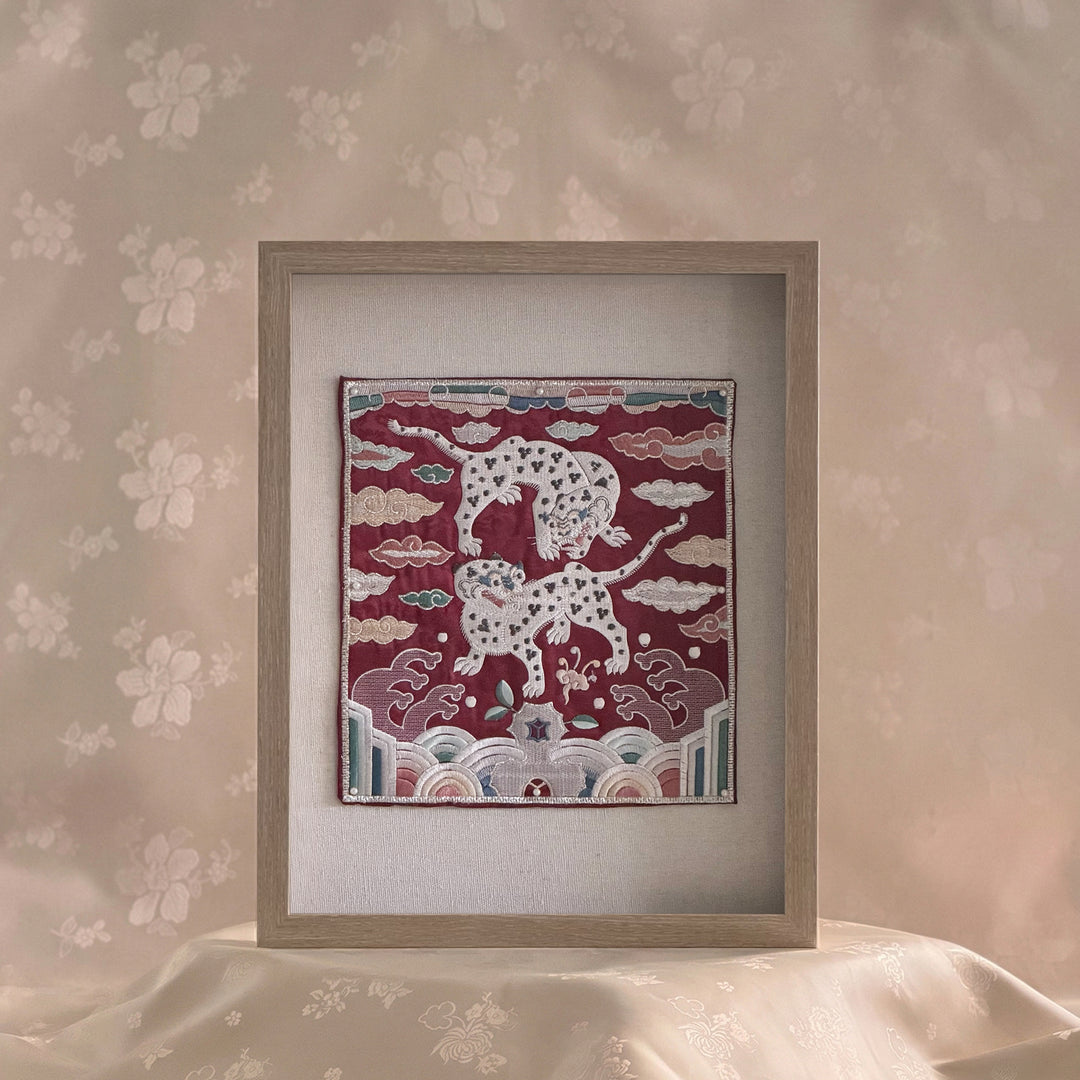 Embroidered Art Panel: Tiger Pair Motif on Red Ground