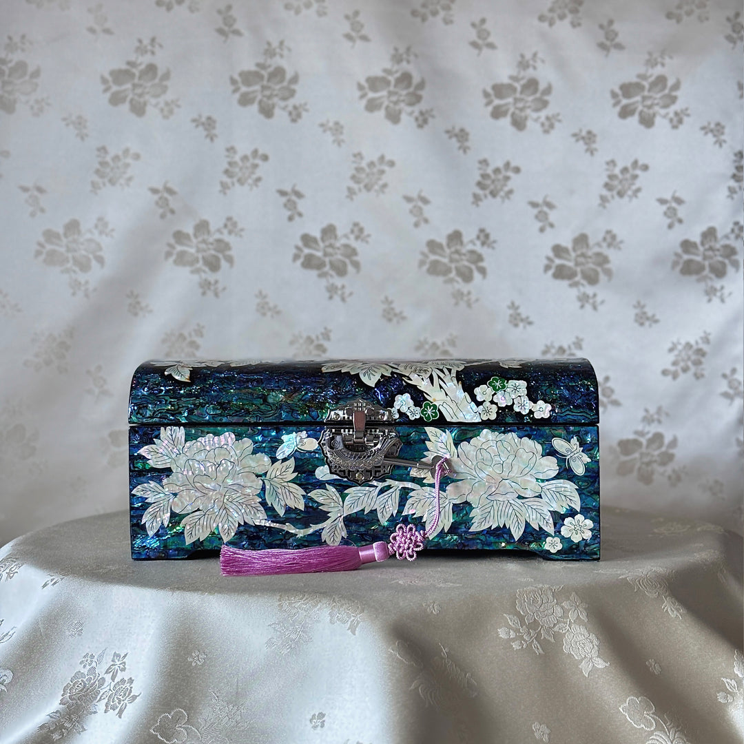 Mother of Pearl Jewelry Box: Peony and Butterfly on Deep Blue Abalone