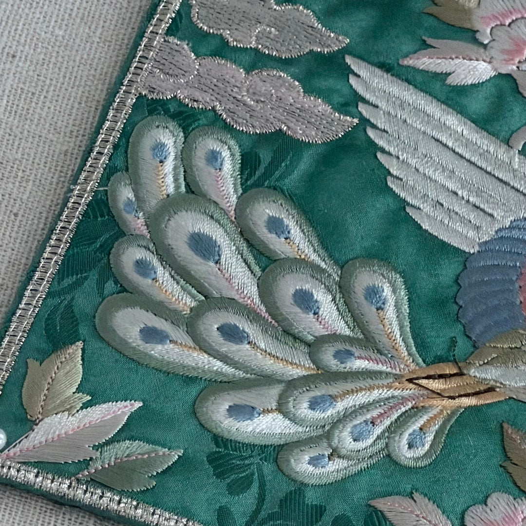Embroidered Art Panel: Double Peacock and Peony Motif on Green Ground