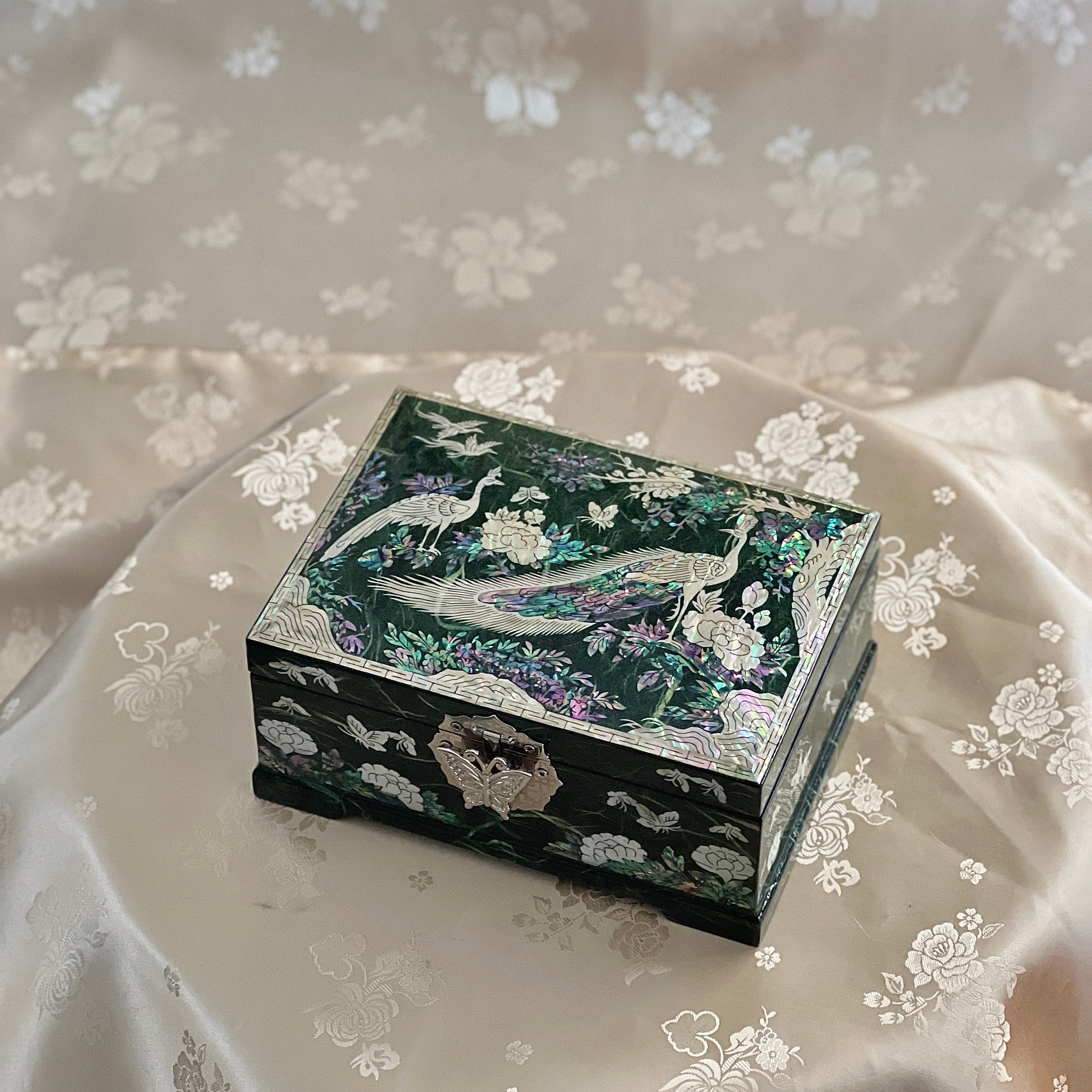 Mother of Pearl Jewelry Box: Peacock Motif on Green Hanji – ArtinKo