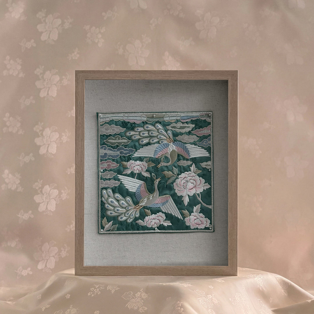 Embroidered Art Panel: Double Peacock and Peony Motif on Green Ground