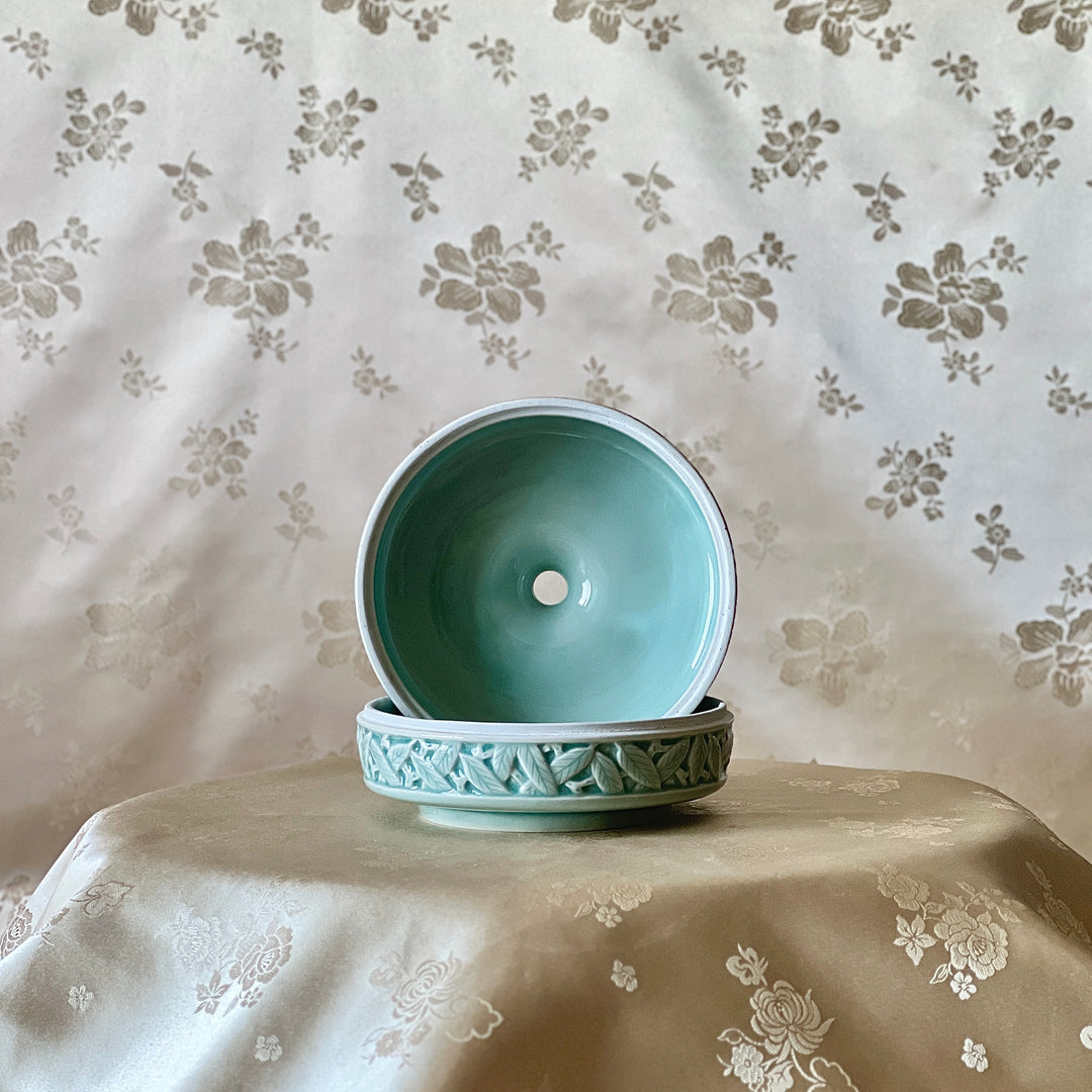 Celadon-Glazed Porcelain Covered Box and Single-Stem Vase: Pomegranate Motif