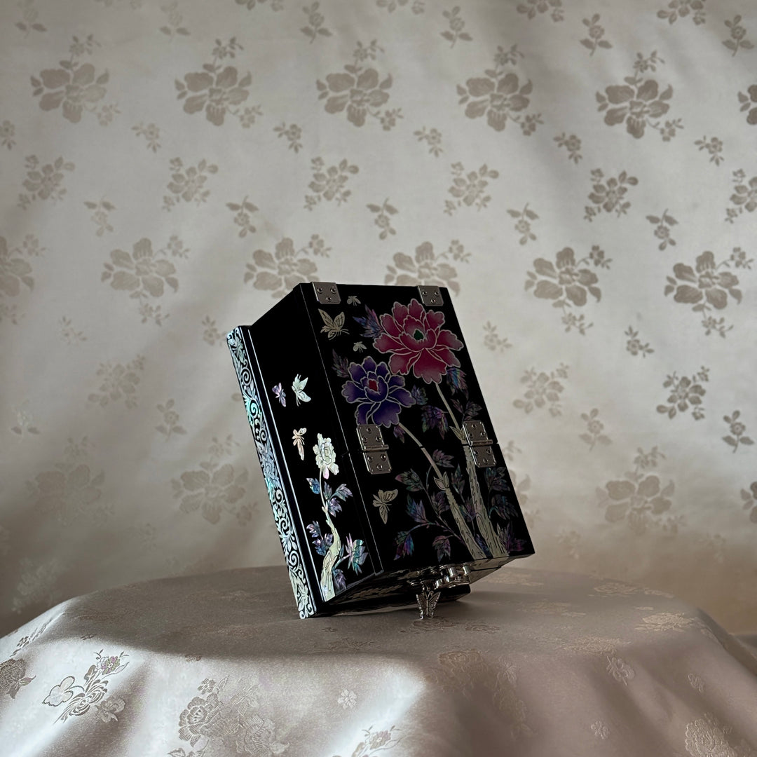 Mother of Pearl Vanity Chest with Mirror Stand: Black Body, Peony Motif