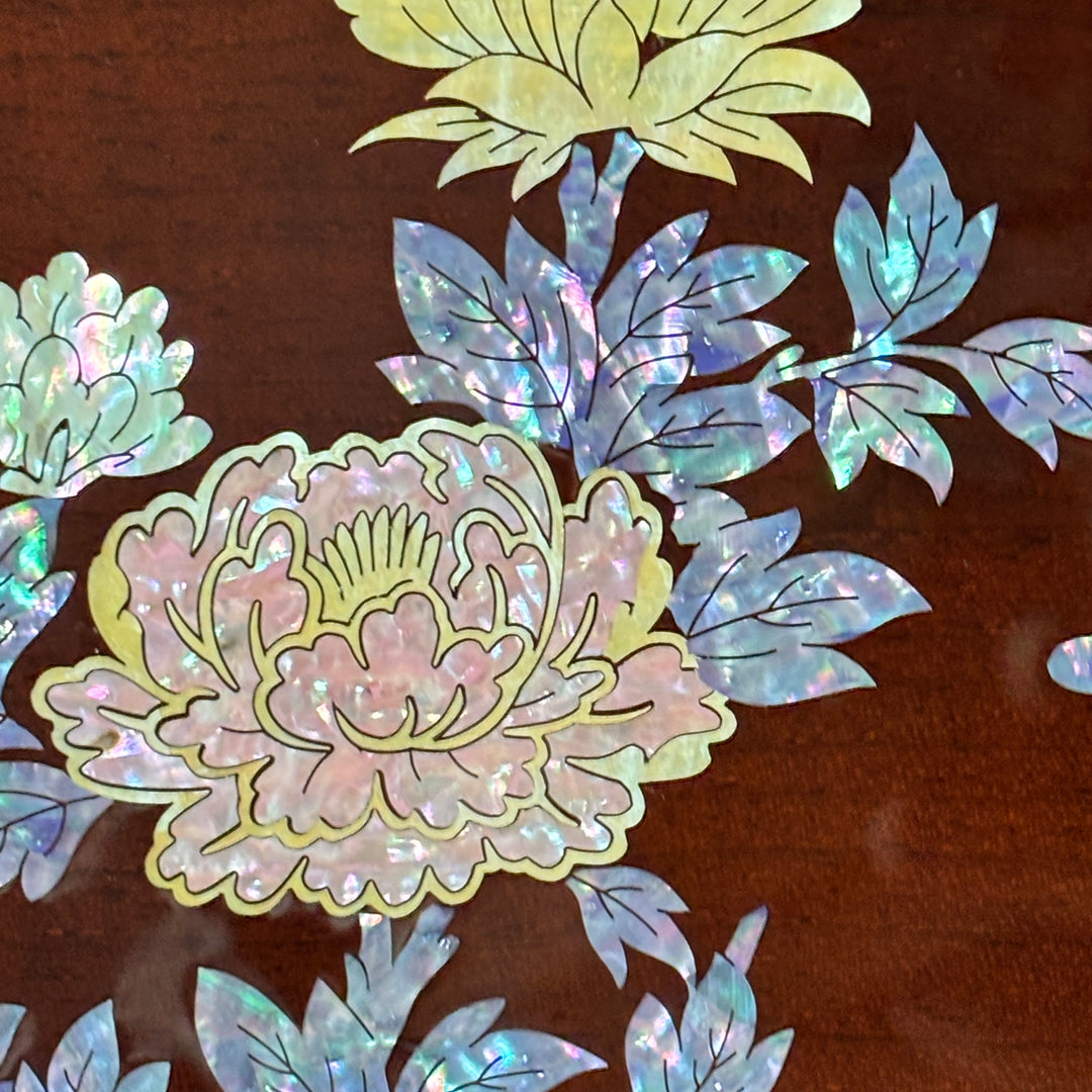 Mother of Pearl Folding Table: Grand Scale, Garden Landscape Motif with Peonies and Butterflies