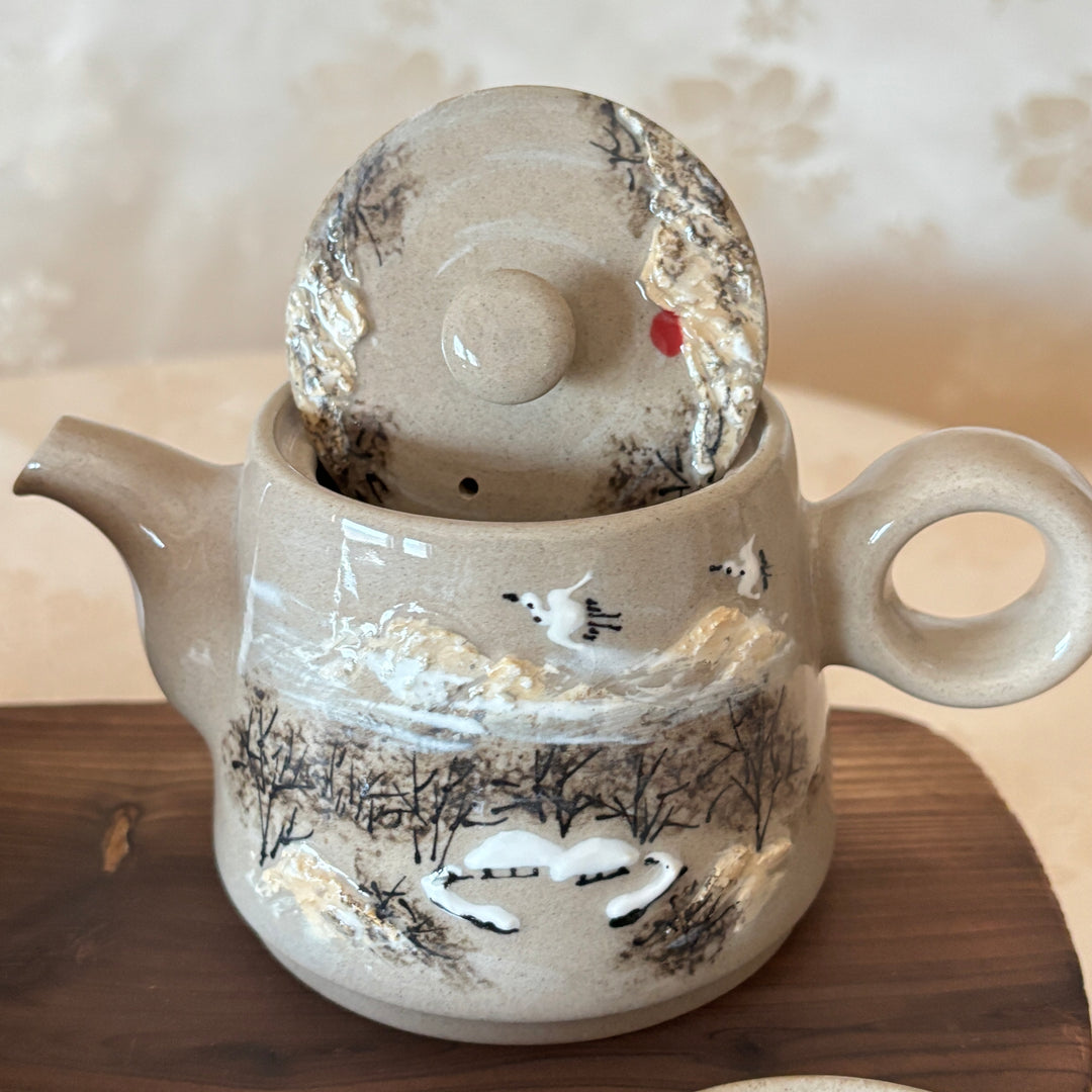 Buncheong Tea Set (Dagi): Relief-Applied Snowy Landscape Motif by Master Artisan, 5-Person Set