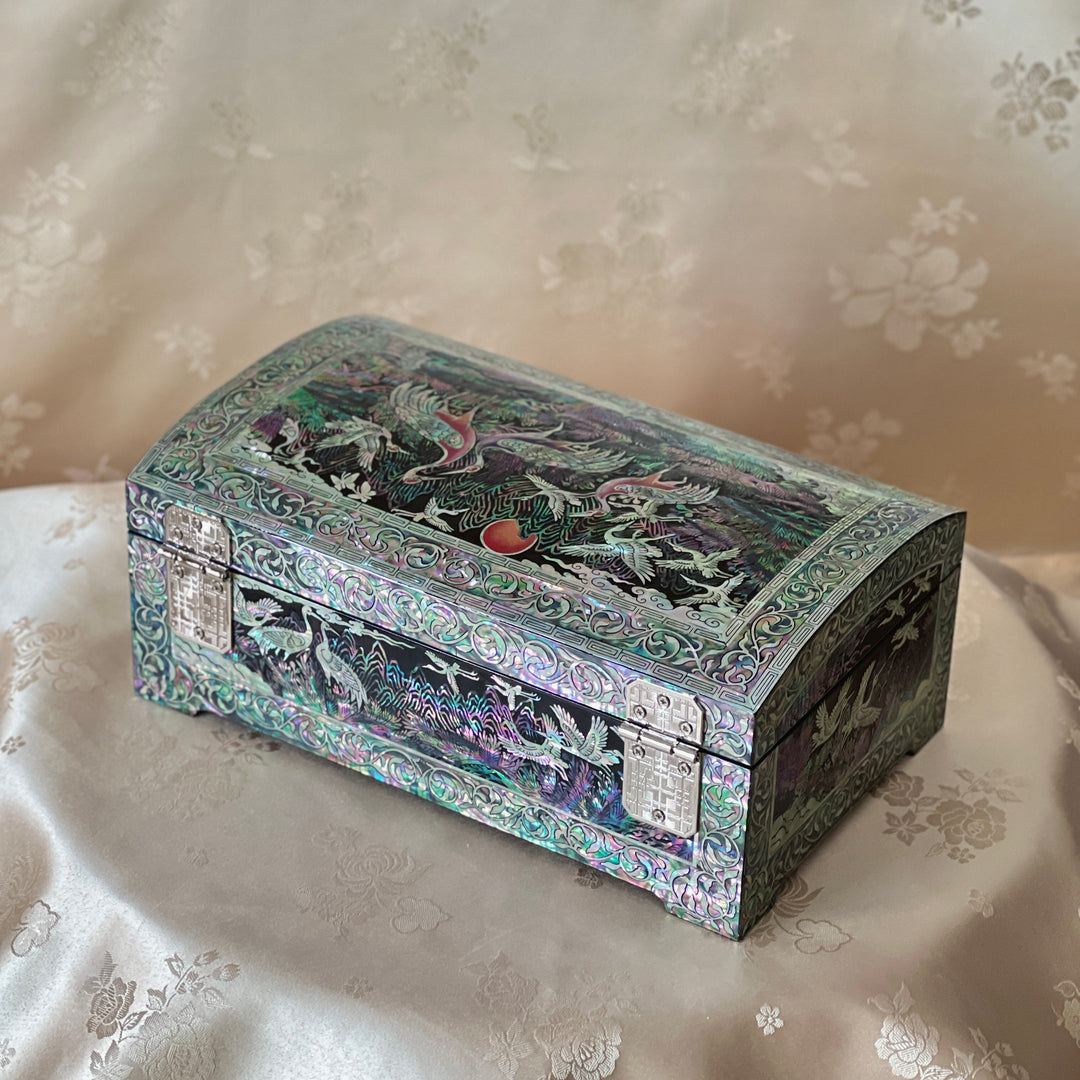 Mother-of-Pearl Jewelry Box: Auspicious Mountain Landscape with Cranes