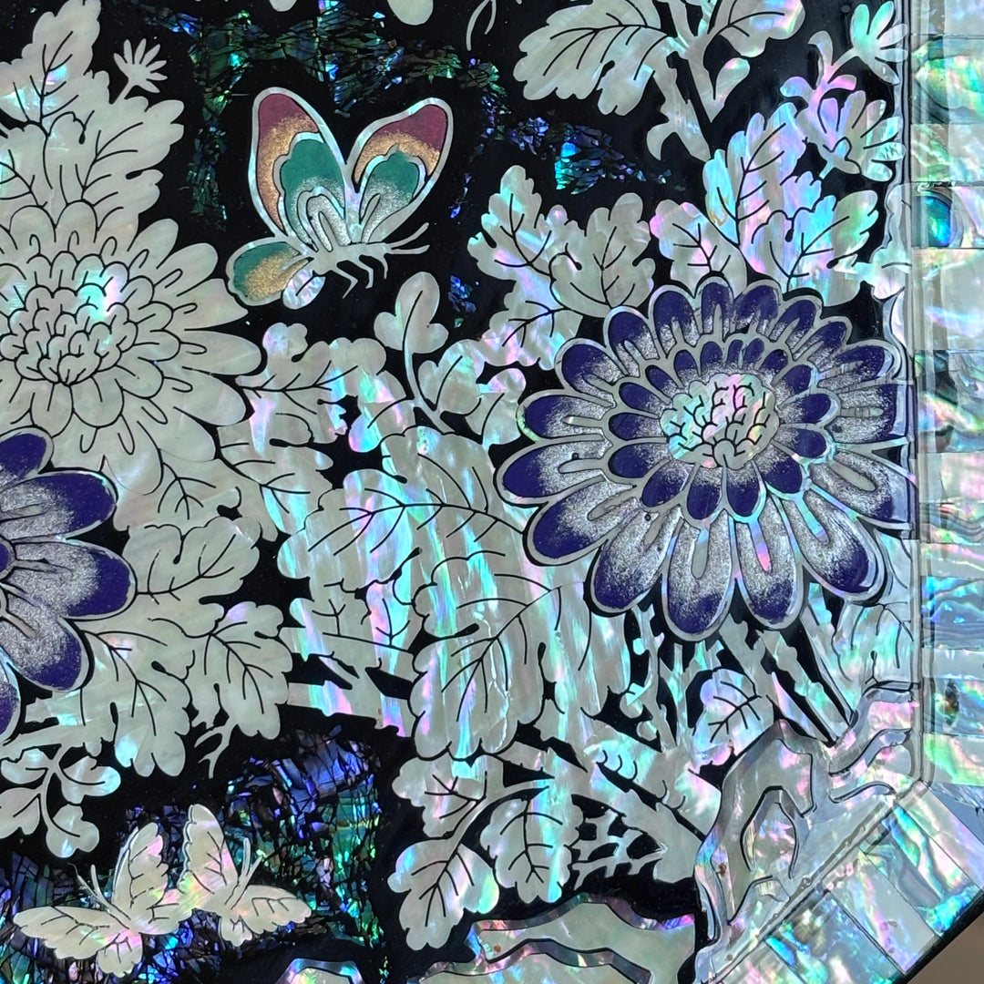 Mother of Pearl Octagonal Tray: Chrysanthemum and Butterfly on Abalone
