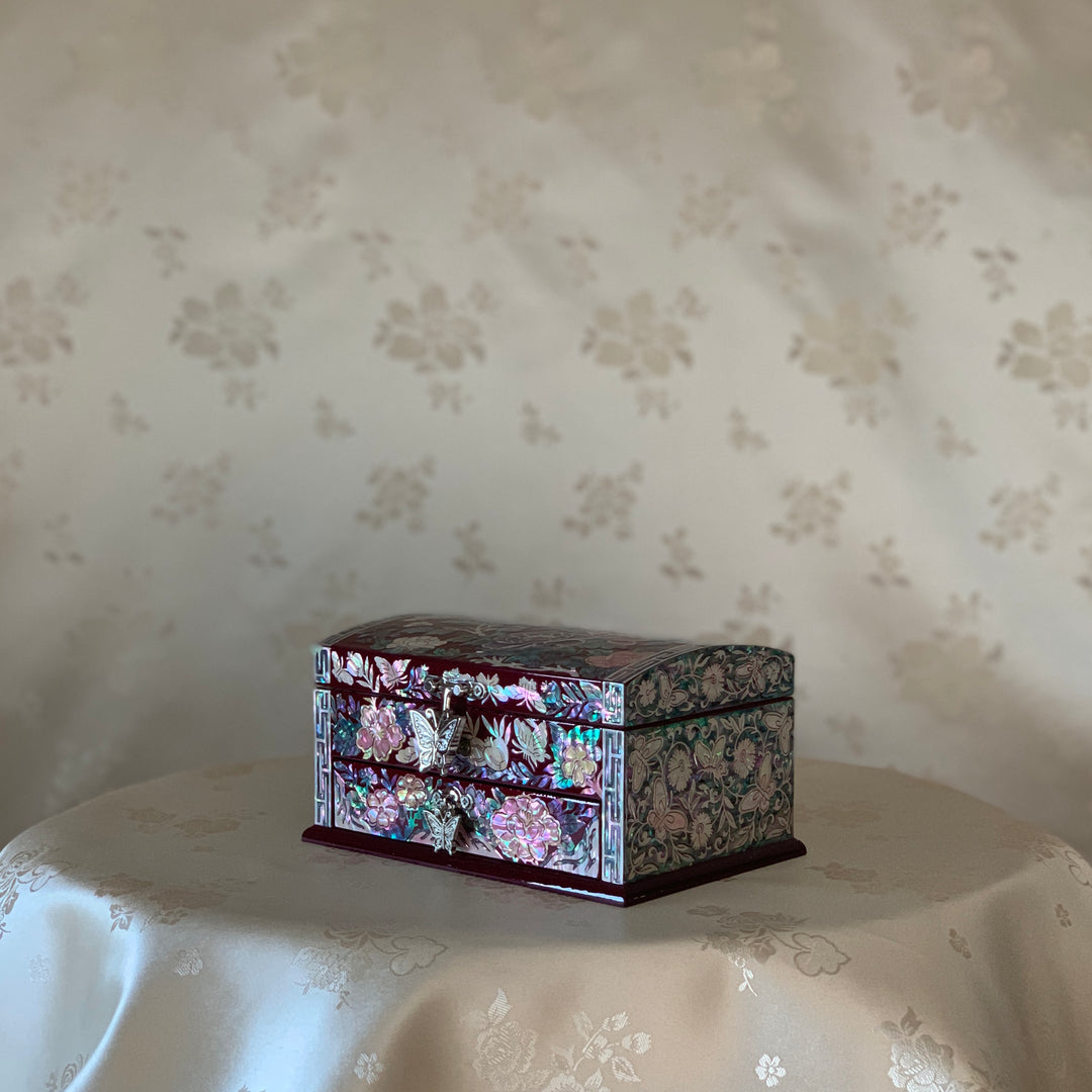 Mother of Pearl Handmade Wine Color Jewelry Box with Butterfly and Peony Pattern and Drawer (자개 호접 목단문 설합 보석함)