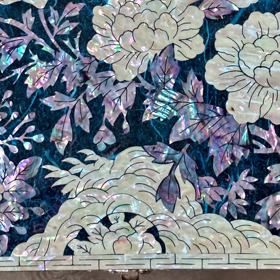 Mother of Pearl Jewelry Box: Butterfly and Peony Motif on Navy Hanji