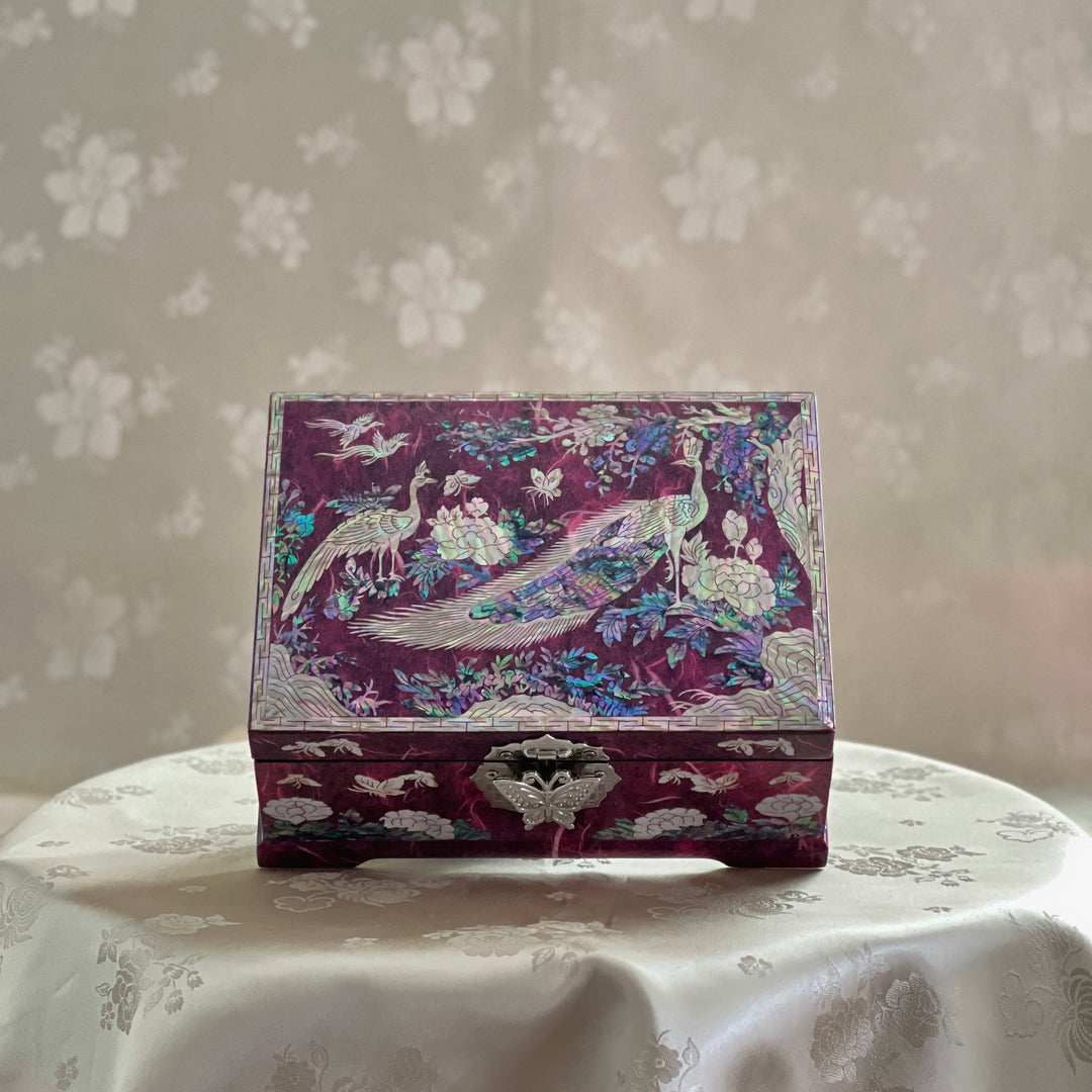 Mother of Pearl Jewelry Box: Peacock and Peony Motif on Deep Purple Hanji Body
