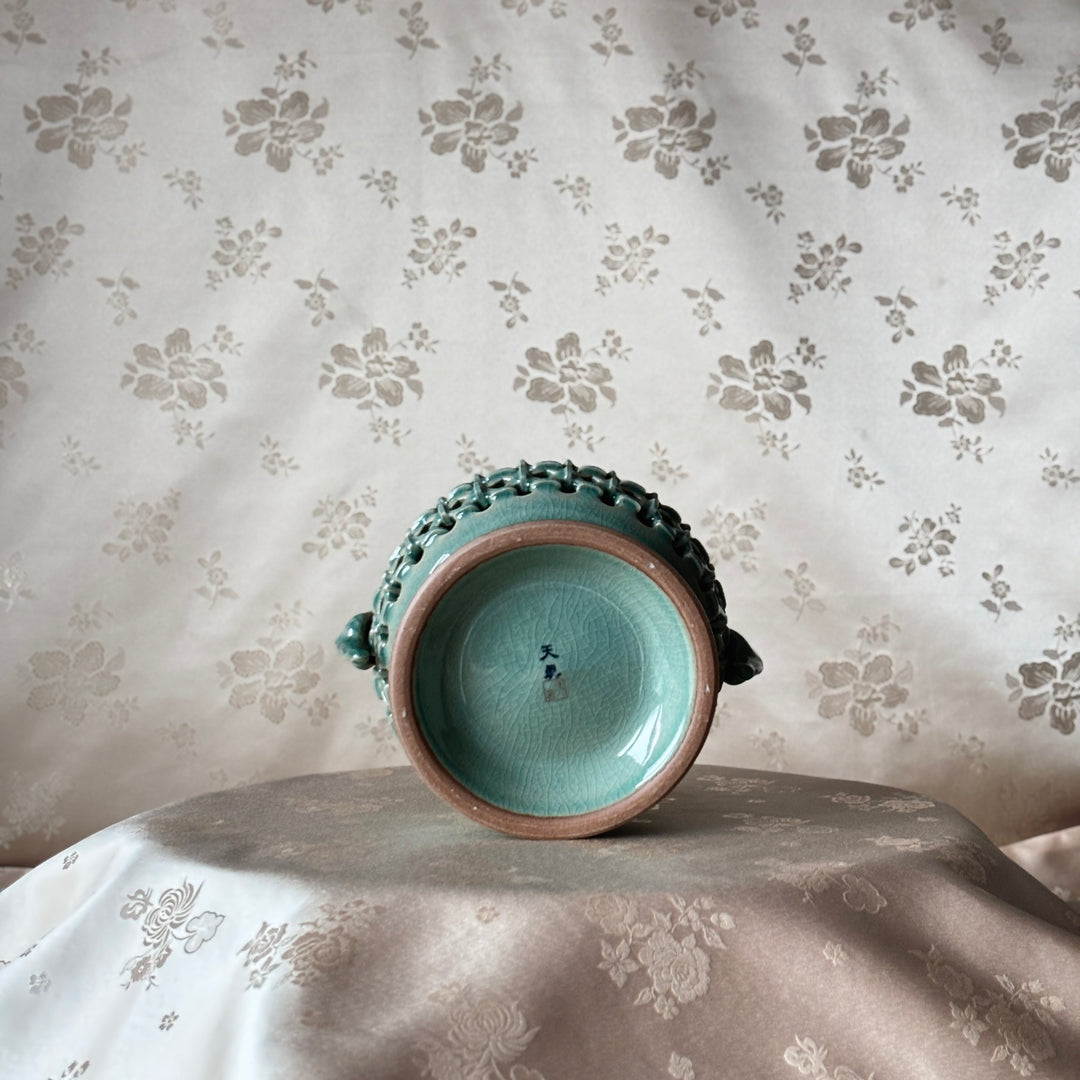 Celadon Incense Burner: Double-Wall Openwork with Inlaid Crane Motif and Dragon Handles