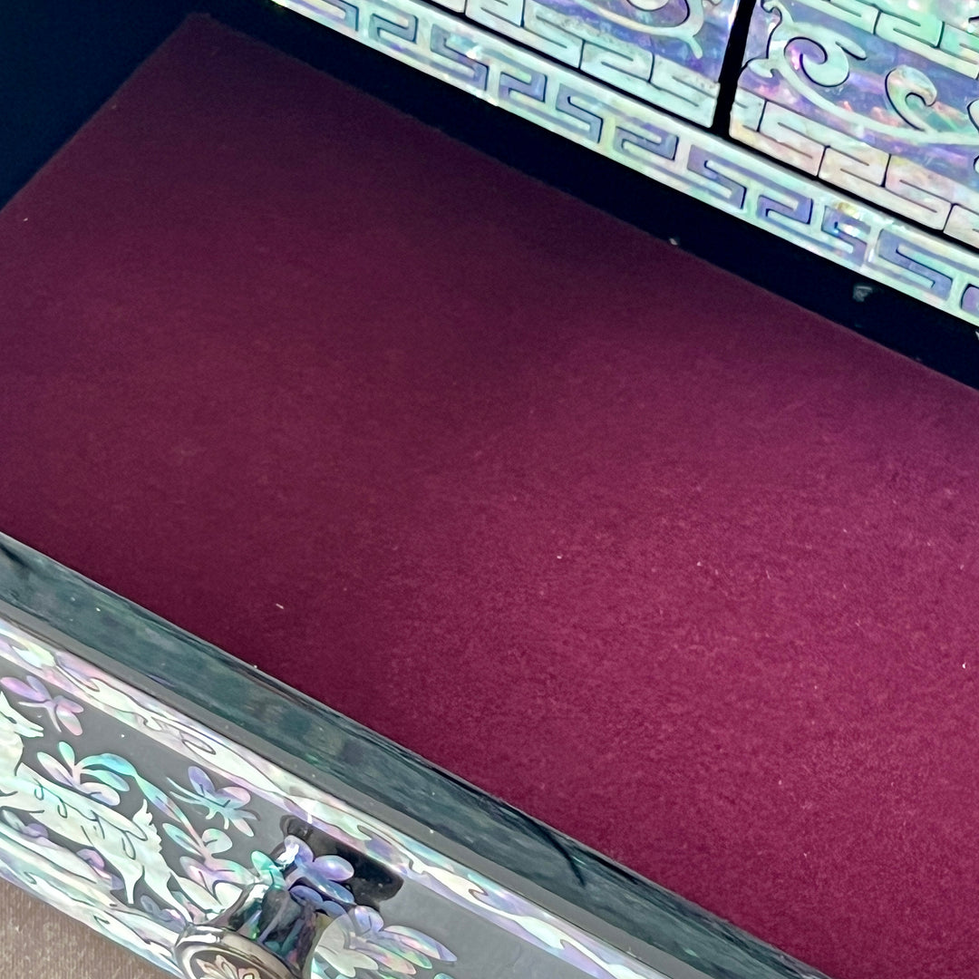 Mother-of-Pearl Double-Door Jewelry Chest: Longevity Motif, Black Ground