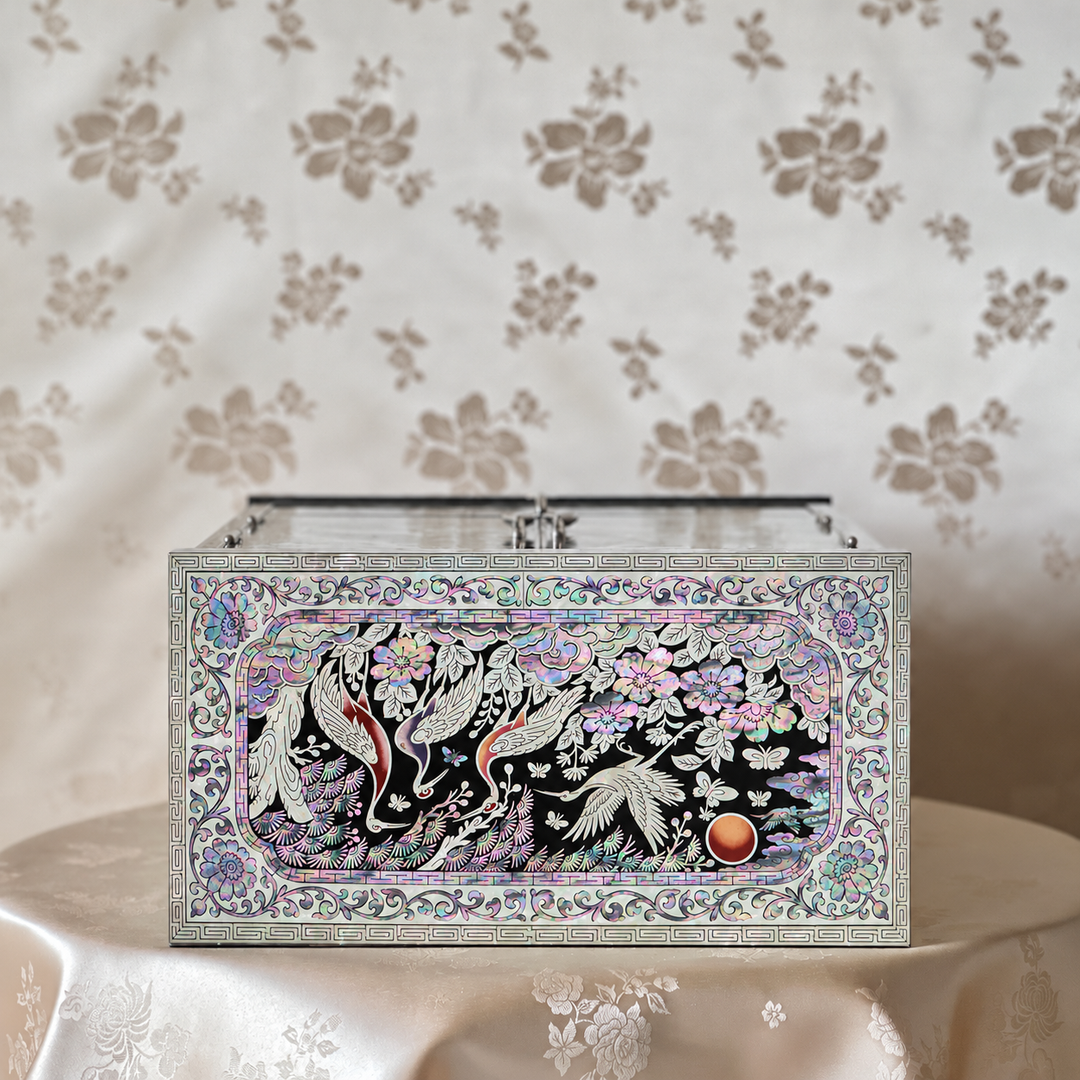 Mother-of-Pearl Double-Doored Jewelry Chest: Grand scale, Ten Symbols of Longevity Motif