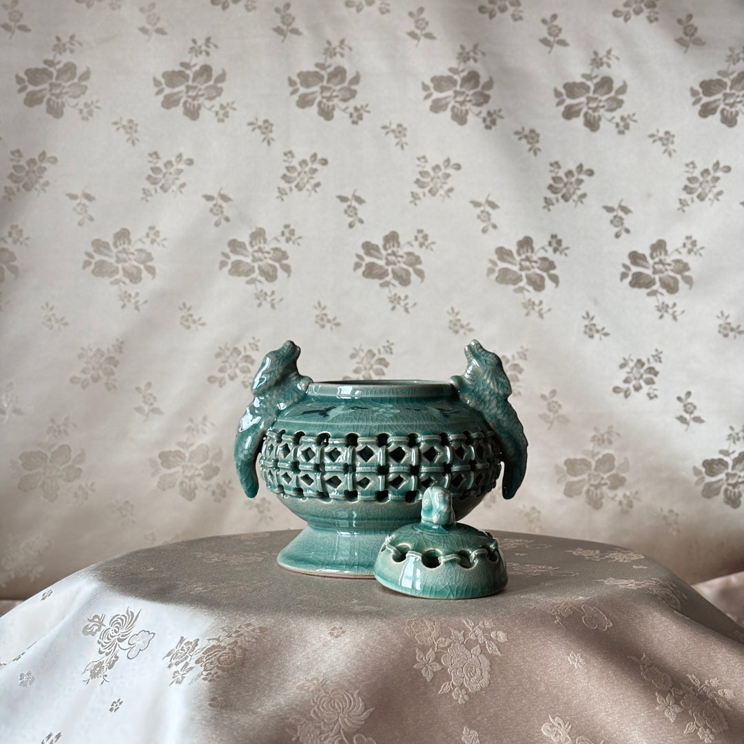 Celadon Incense Burner: Double-Wall Openwork with Inlaid Crane Motif and Dragon Handles
