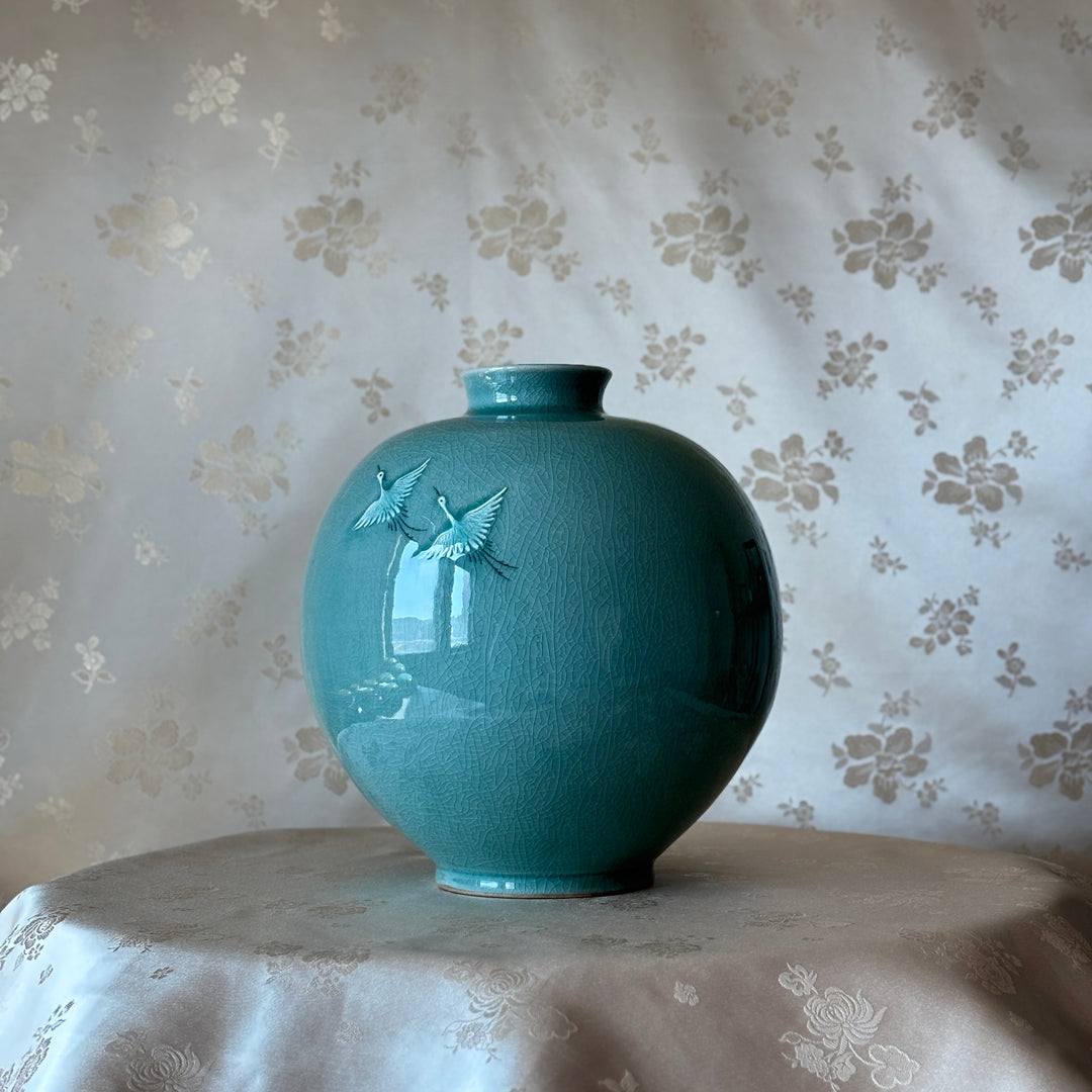 Celadon Vase: High-Relief Pair of Cranes by Master Artisan