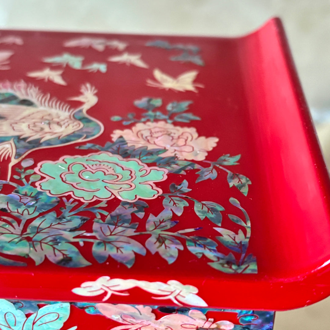 Mother-of-Pearl Jewelry Chest: Red Body with Peacock Motif in Scholar’s Desk Form