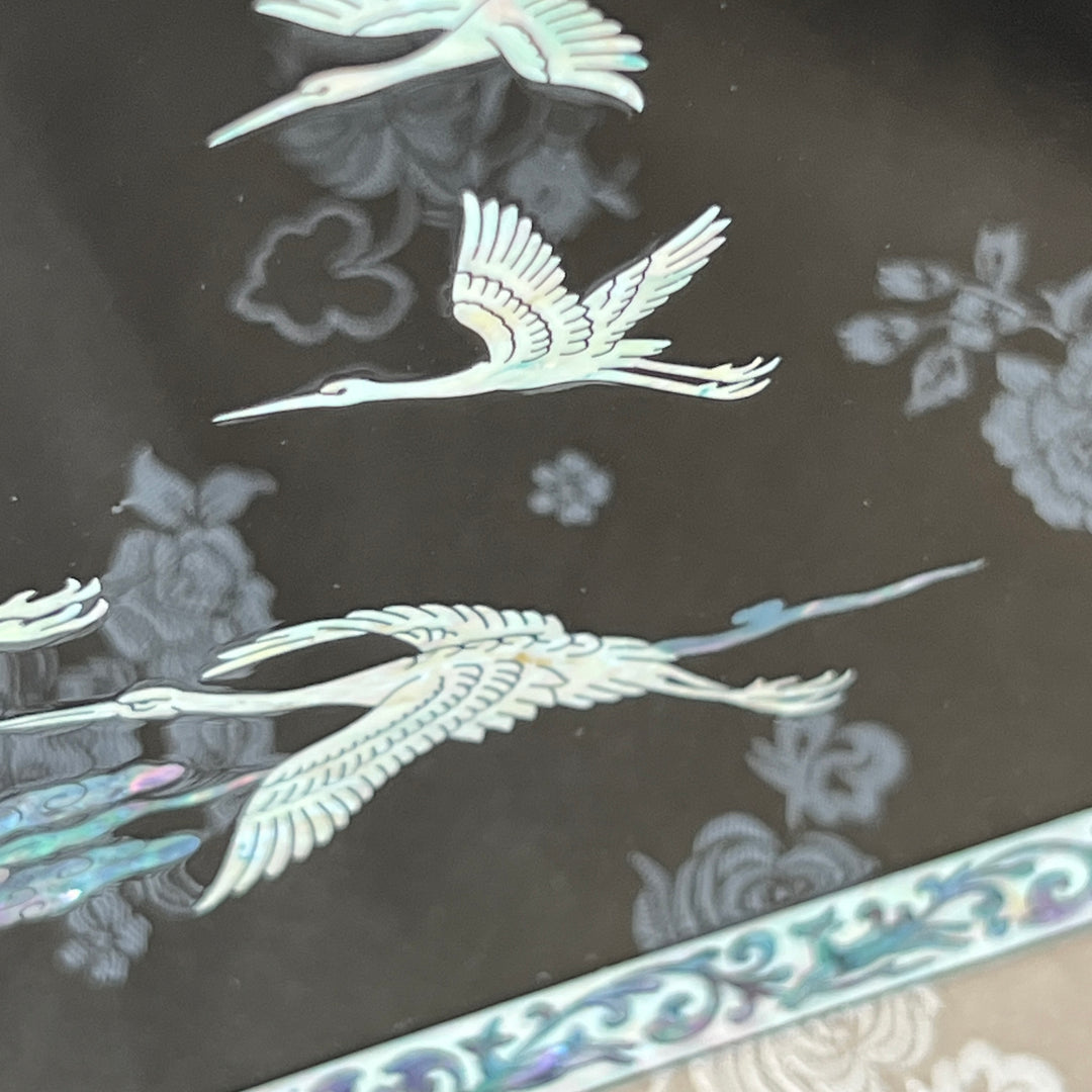 Mother-of-Pearl Double-Doored Jewelry Chest: Grand Scale, Longevity Motif on Black Ground