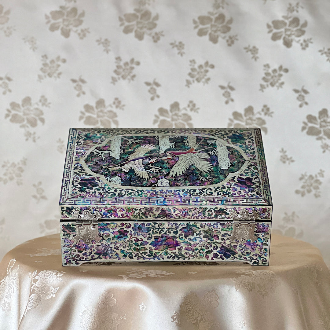 Mother-of-Pearl Jewelry Box: Paired Cranes in a Pine Grove
