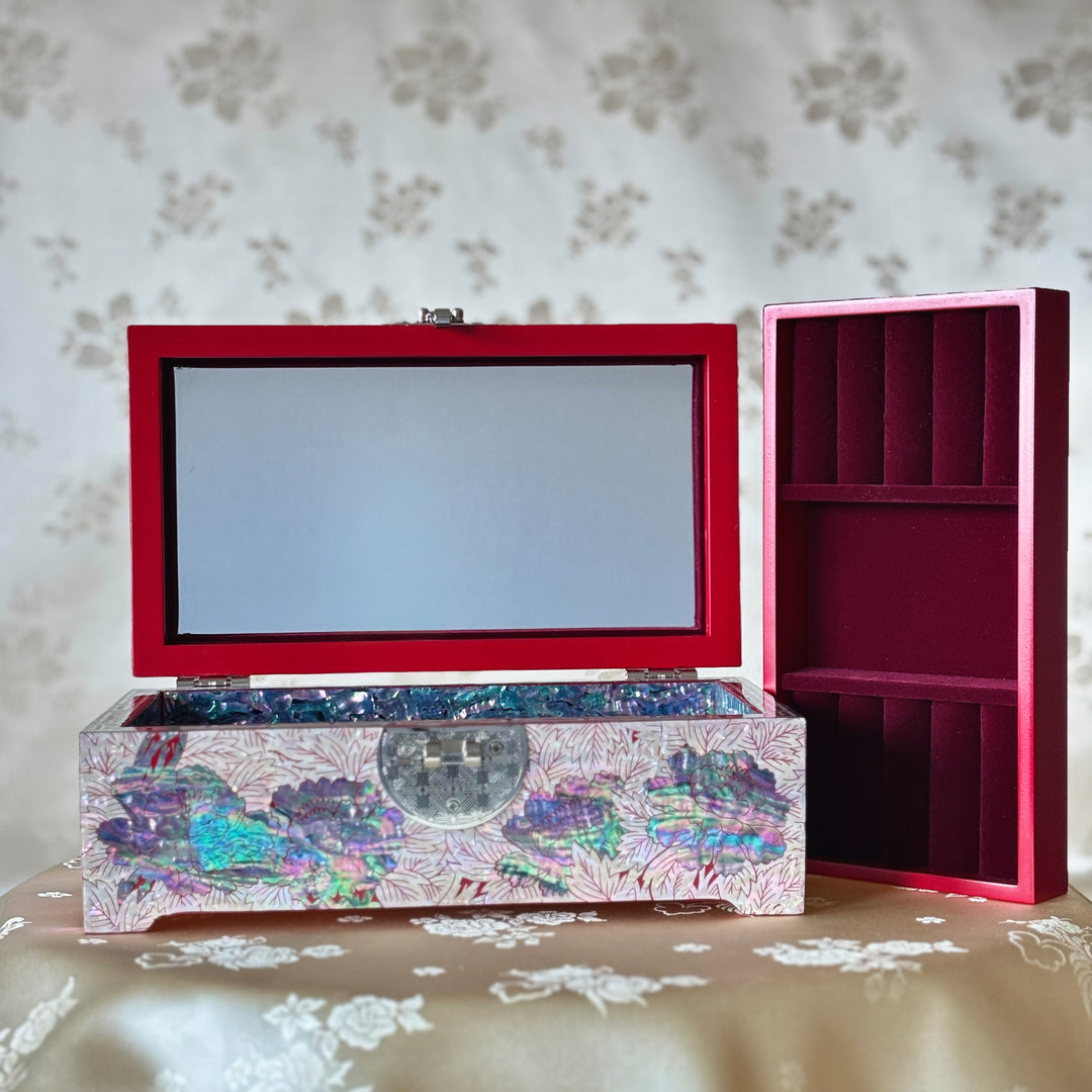 Mother of Pearl Jewelry Box: Butterfly and Peony Motif on Red Ground