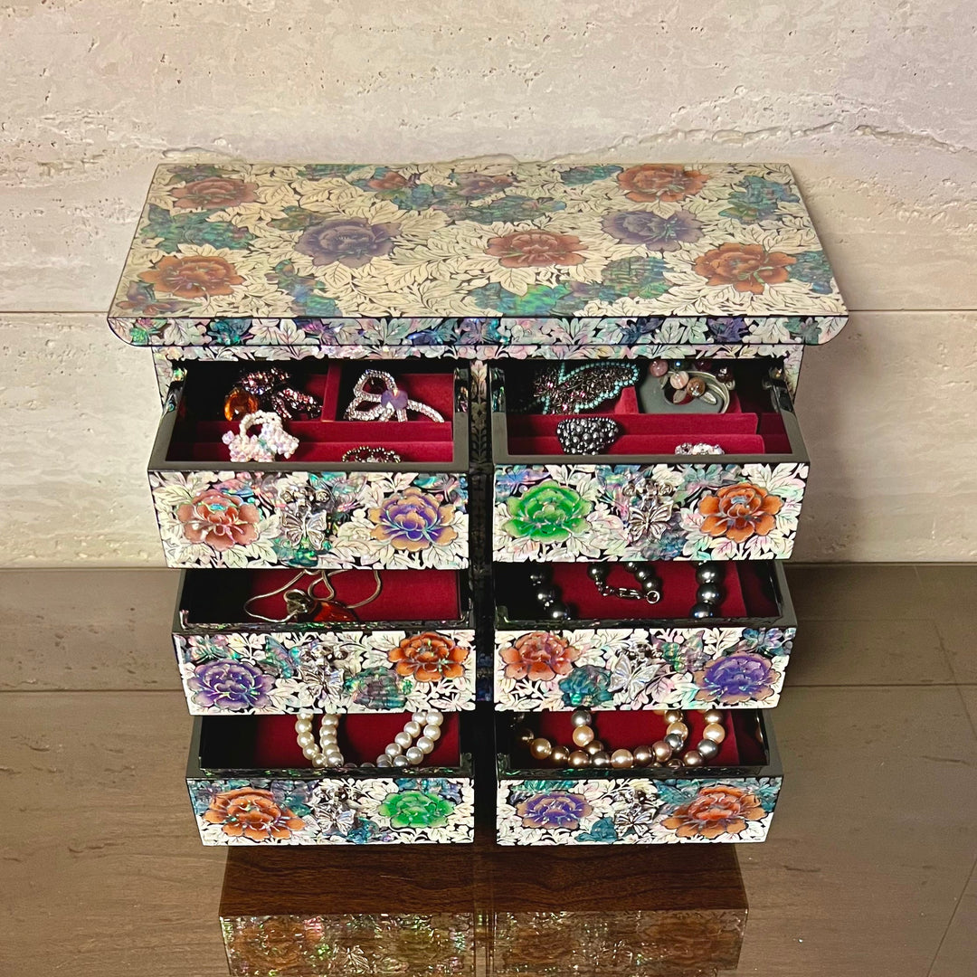 Mother of Pearl Jewelry Chest: Peony and Butterfly Motif in Scholar’s Desk Form