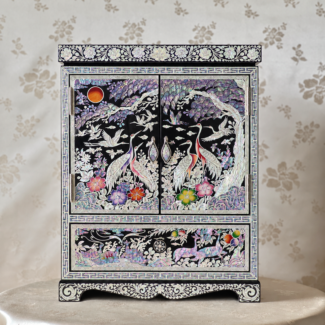 Mother-of-Pearl Double-Doored Jewelry Chest: Grand scale, Ten Symbols of Longevity Motif
