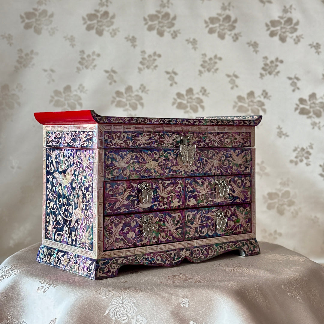 Mother of Pearl Jewelry Chest Set: Matching Pencil Holder with Pine and Crane Motif