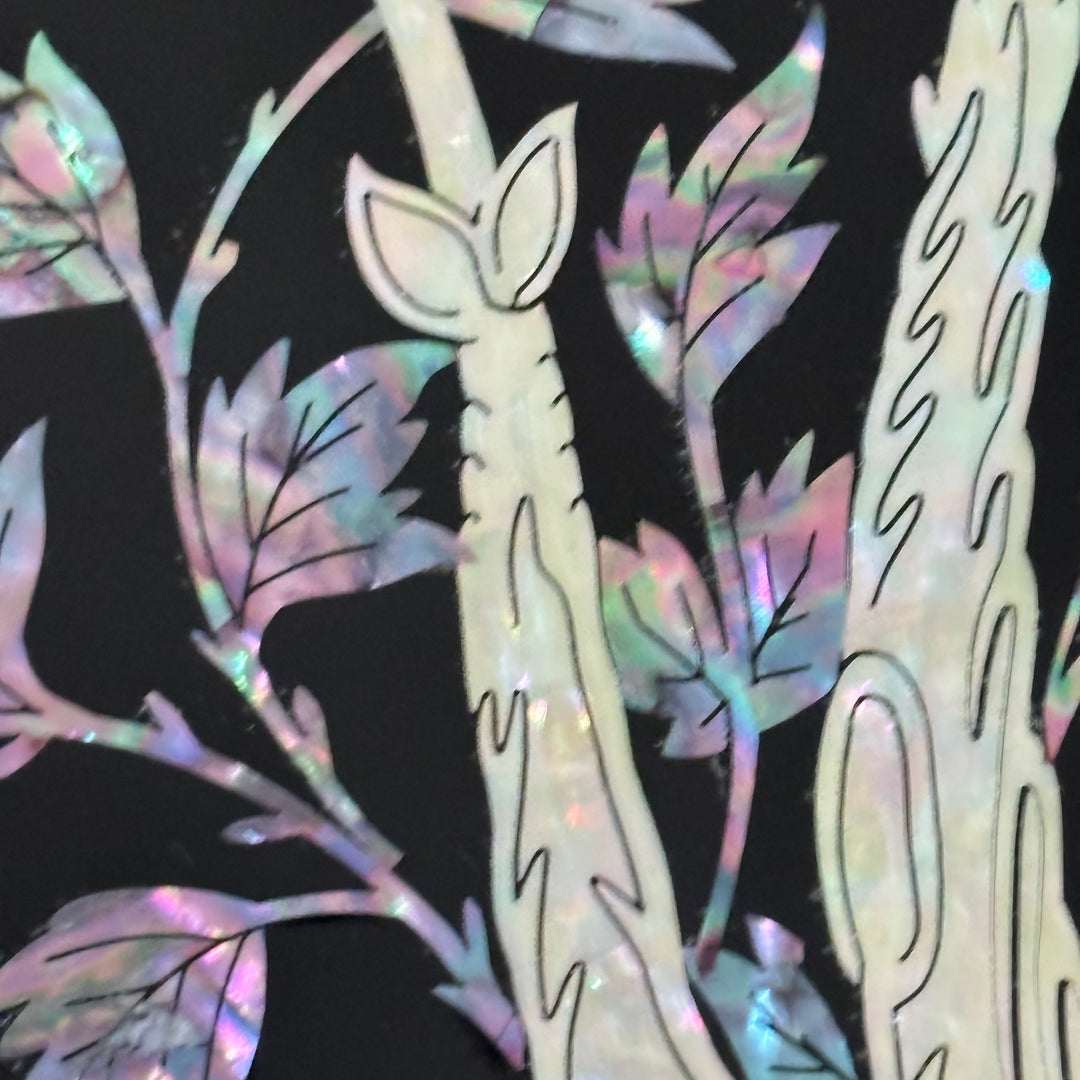 Mother of Pearl Vanity Chest with Mirror Stand: Black Body, Peony Motif