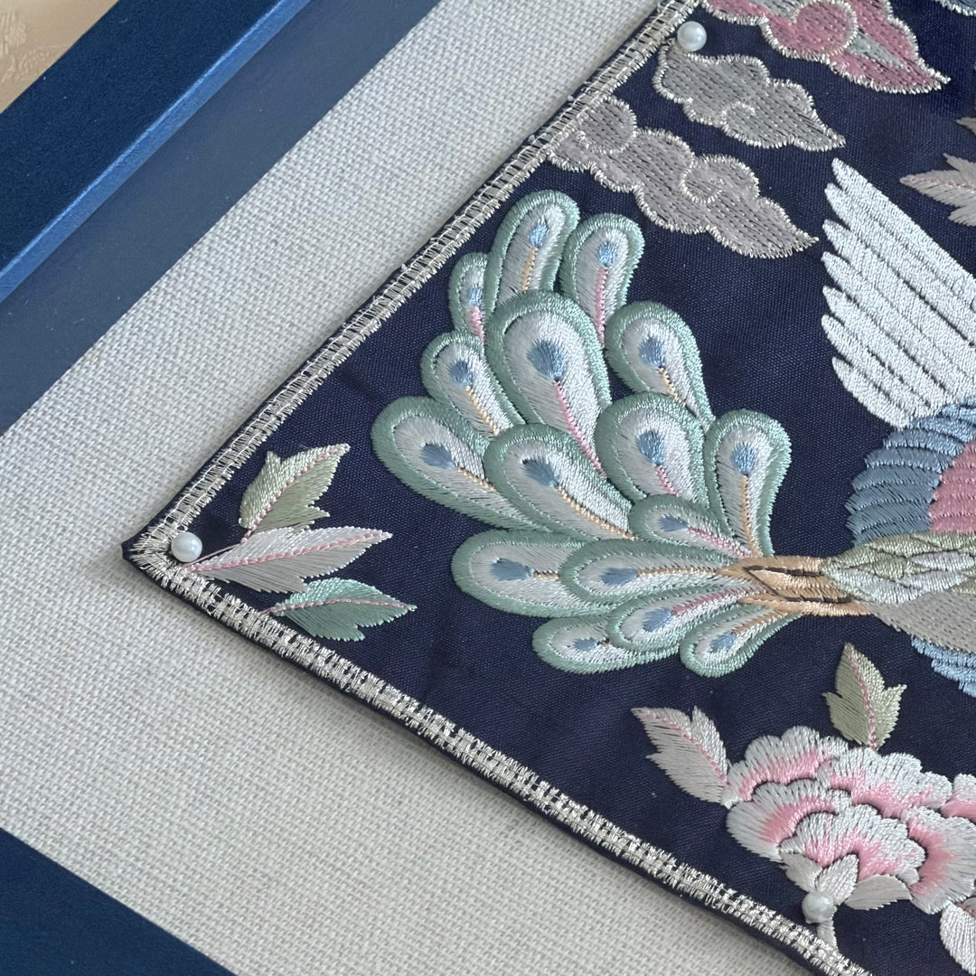 Embroidered Art Panel: Peacock Pair and Peony Motif on Navy Ground