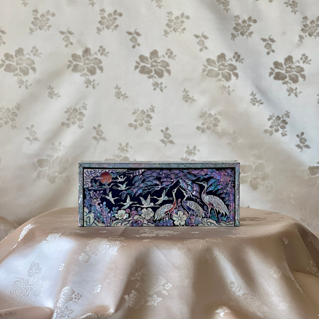 Mother-of-Pearl Stationary Box: Crane and Pine Tree Motif