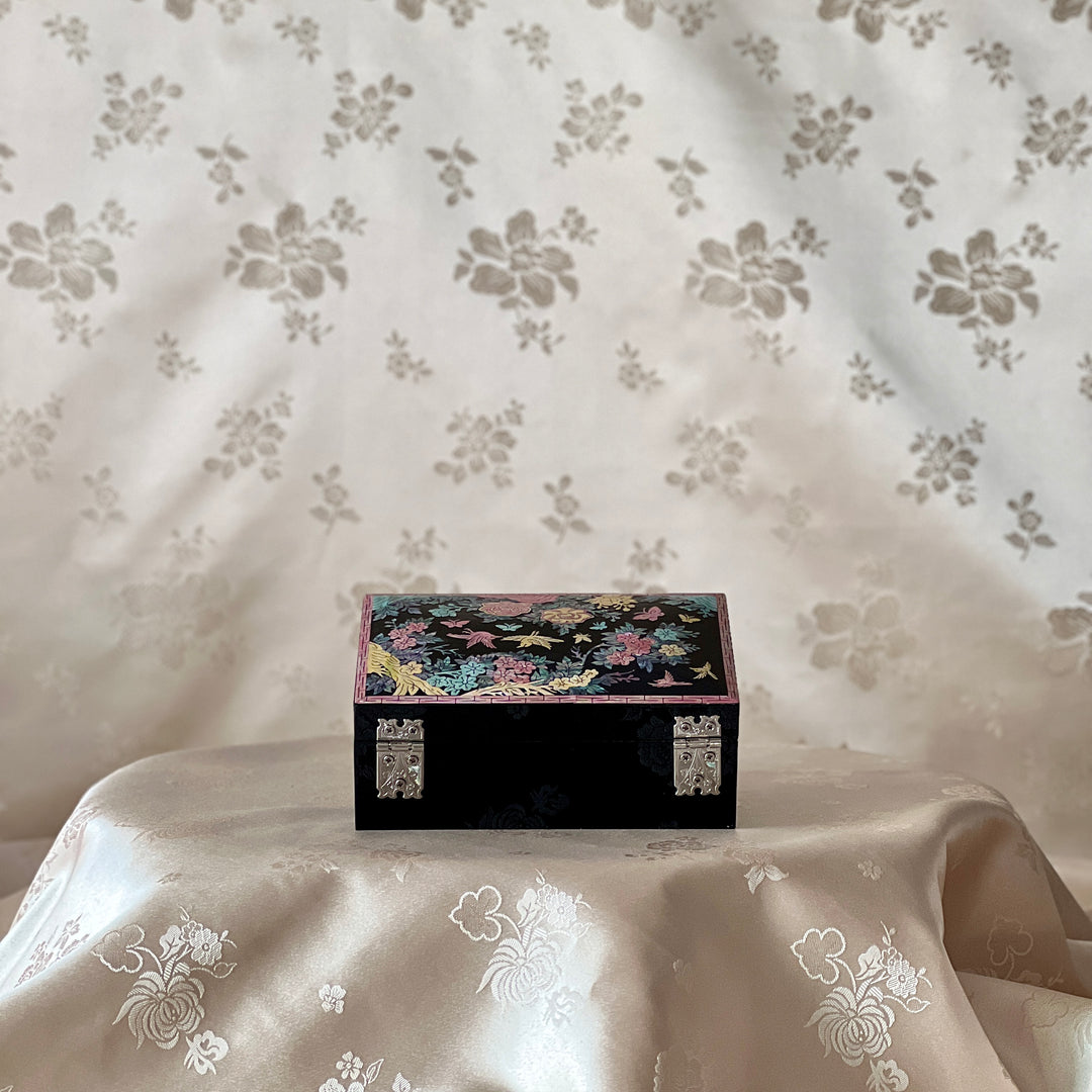 Mother-of-Pearl Jewelry Box: Plum Blossom and Bird Floral Motif on Black Ground
