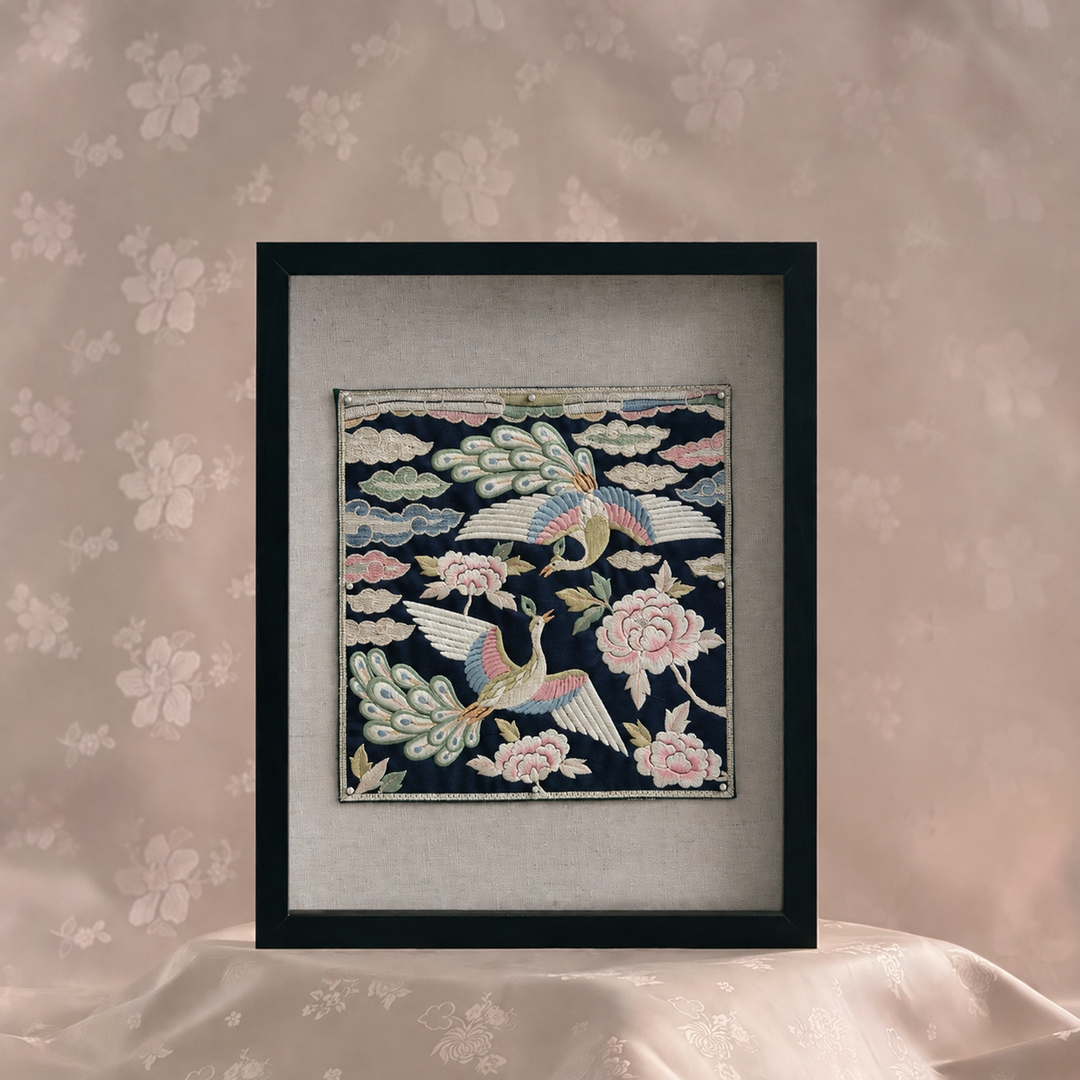 Embroidered Art Panel: Double Peacock and Peony Motif on Deep Navy Ground