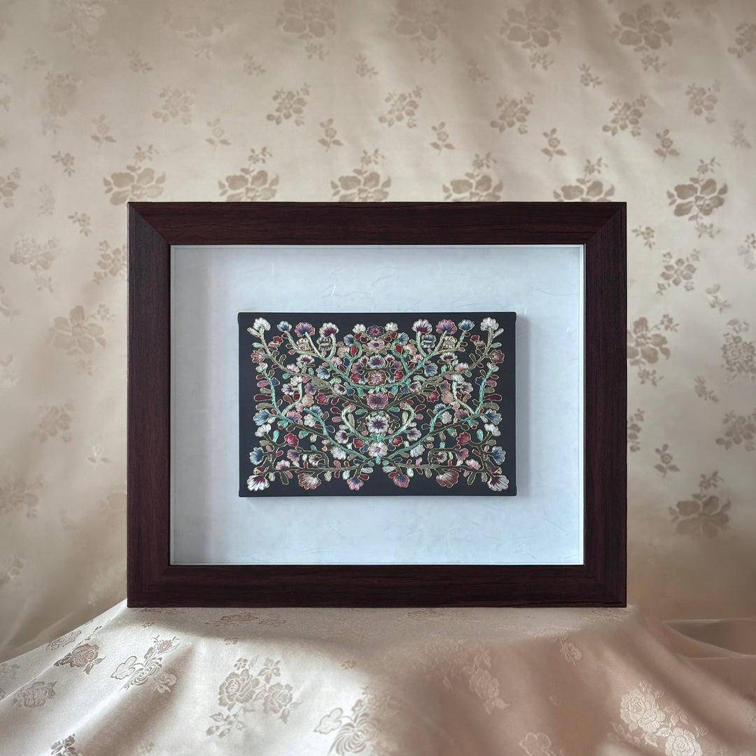 Embroidered Art Panel: Scrolling Vine (Dangcho) and Peony Motif on Black Silk