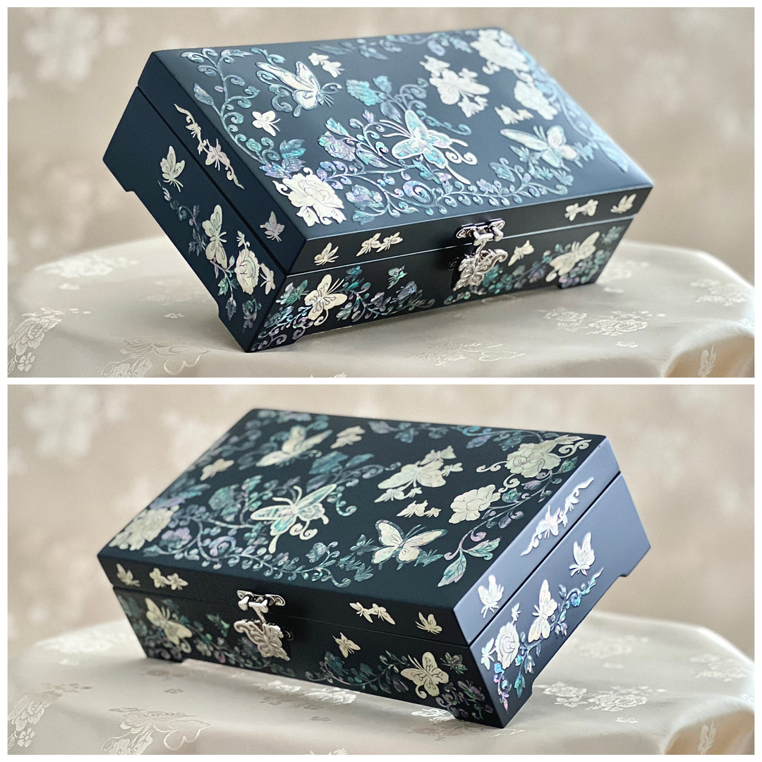 Mother of Pearl Handmade Black Wooden Letter or Jewelry Box with Butterfly, Peony Vine Pattern (자개 호접 목단 당초문 편지 보관함)