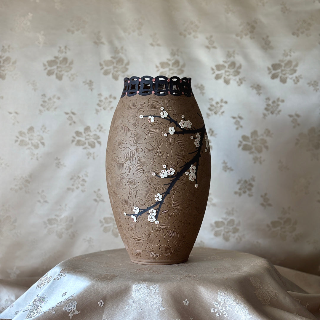 Unglazed Ceramic Vase: Buncheong Clay Body with Plum Blossom Branch and Openwork Rim