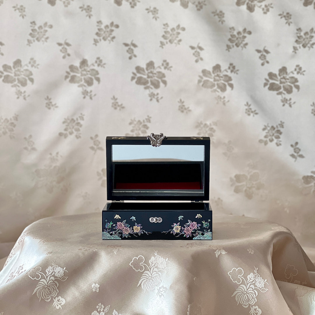 Mother-of-Pearl Jewelry Box: Plum Blossom and Bird Floral Motif on Black Ground