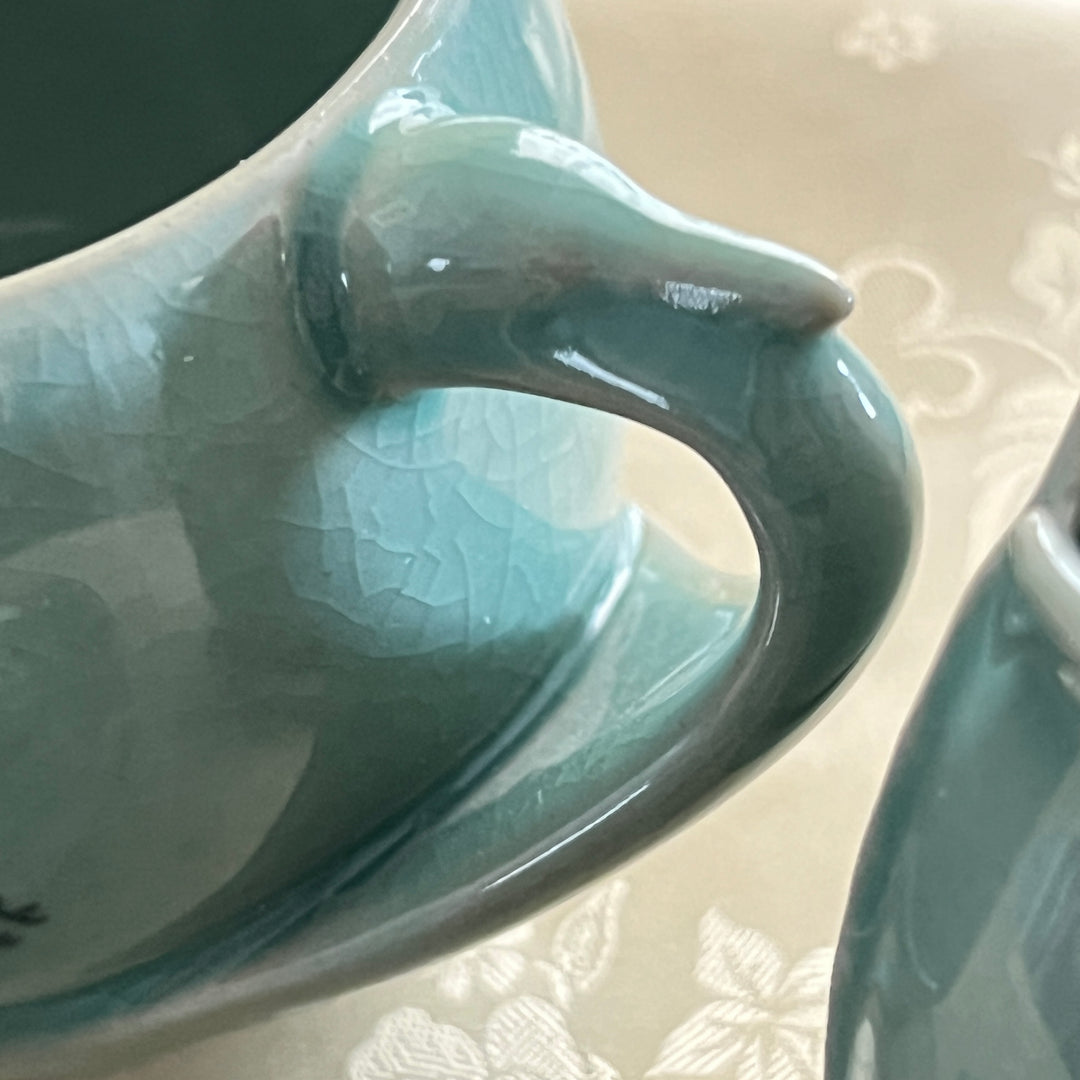 Celadon Tea Cup: Crane Egg Shaped, Inlaid Crane and Cloud Motif