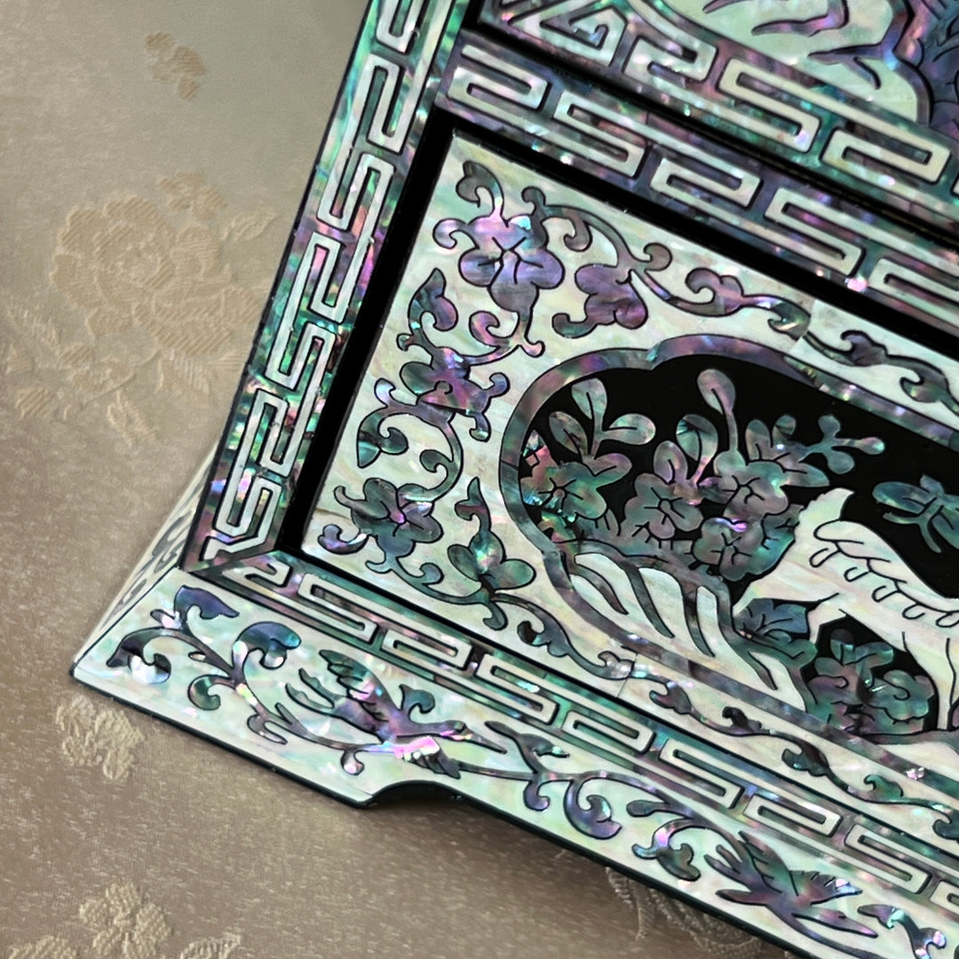 Mother-of-Pearl Double-Doored Jewelry Chest: Grand Scale, Longevity Motif on Black Ground