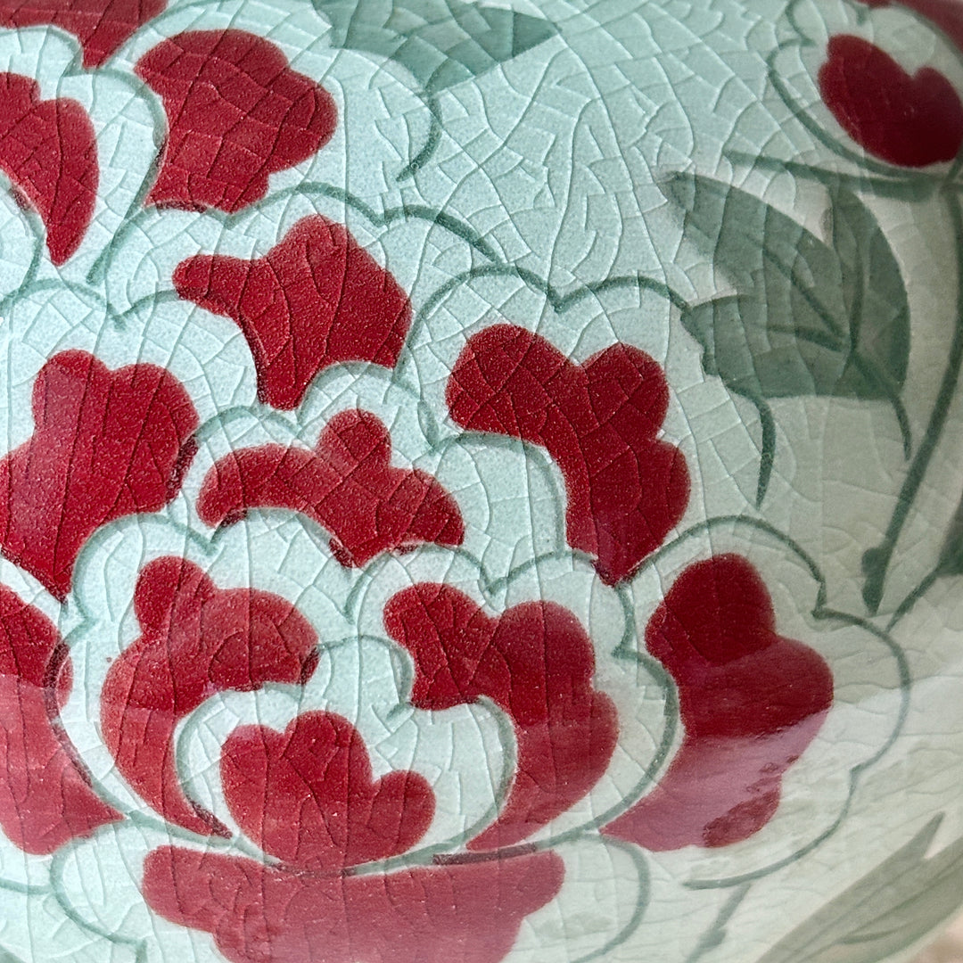 Celadon Vessel (Ho): Peony Motif in White-Slip Sgraffito with Red Clay Accents