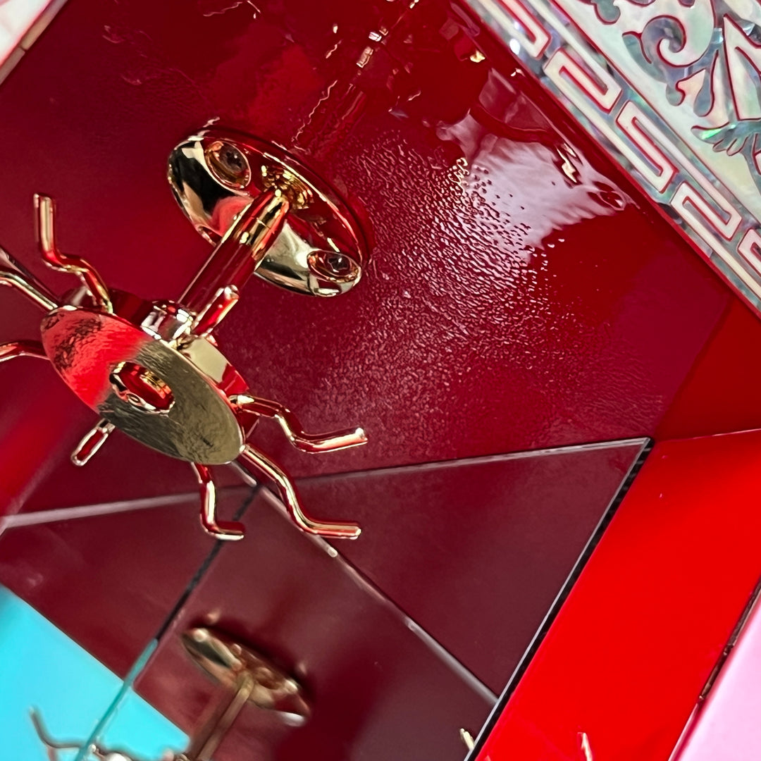 Mother-of-Pearl Double-Doored Jewelry Chest: Grand Scale, Longevity Motif on Red Ground