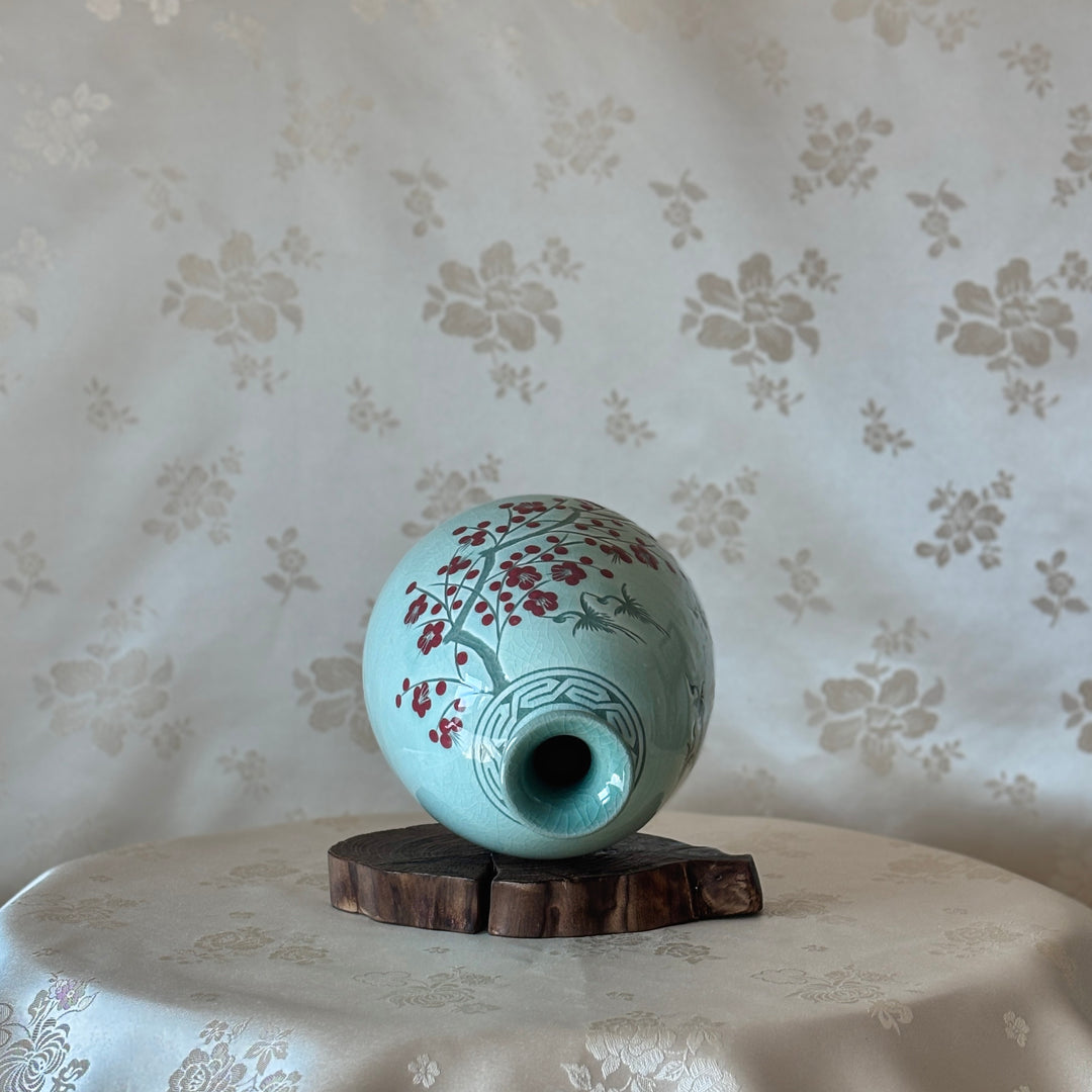 Celadon Vase: White Slip Sgraffito (Bakji) with Plum Blossom and Crane Motif