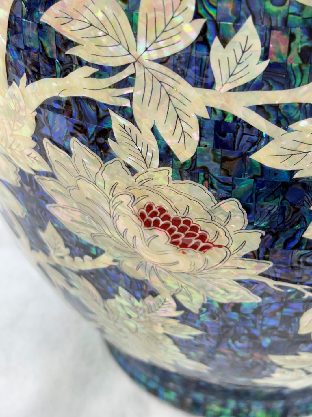 Mother-of-Pearl Ceramic Vase: Butterfly and Peony Motif on Deep Blue Abalone
