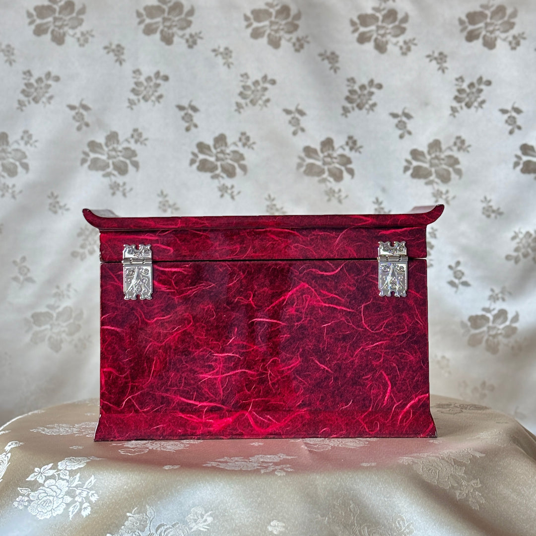 Mother-of-Pearl Jewelry Chest: Red Hanji Body with Crane-and-Pine Motif in Scholar’s Table Form