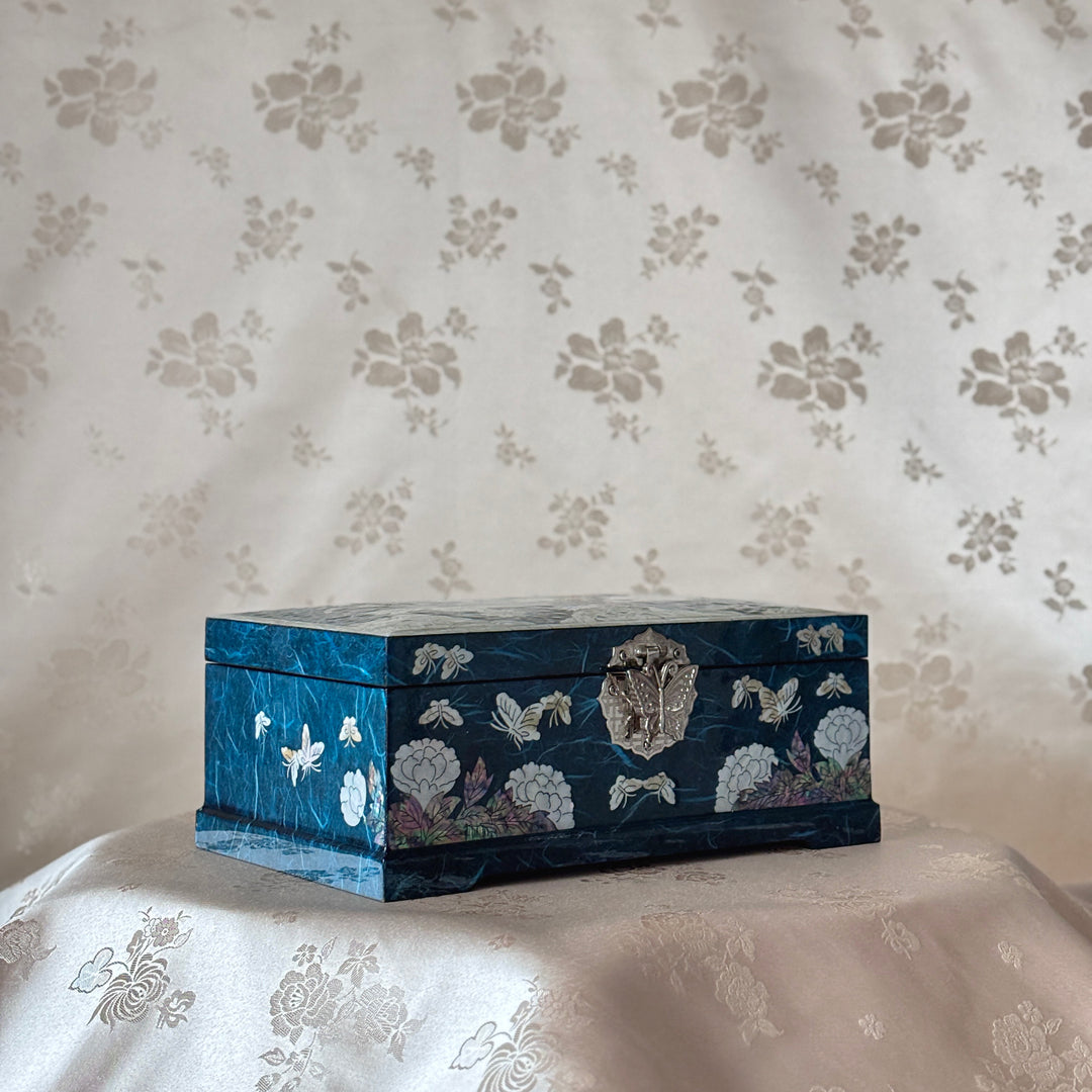 Mother of Pearl Jewelry Box: Butterfly and Peony Motif on Navy Hanji