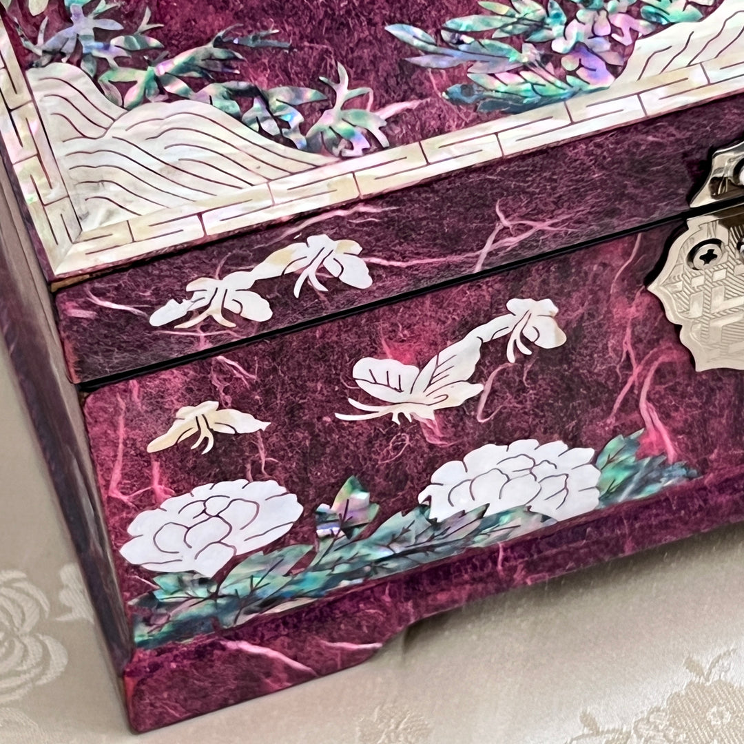 Mother of Pearl Jewelry Box: Peacock and Peony Motif on Deep Purple Hanji Body