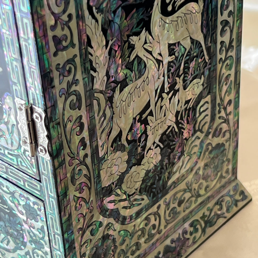 Mother-of-Pearl Double-Doored Jewelry Chest: Grand Scale, Longevity Motif on Black Ground